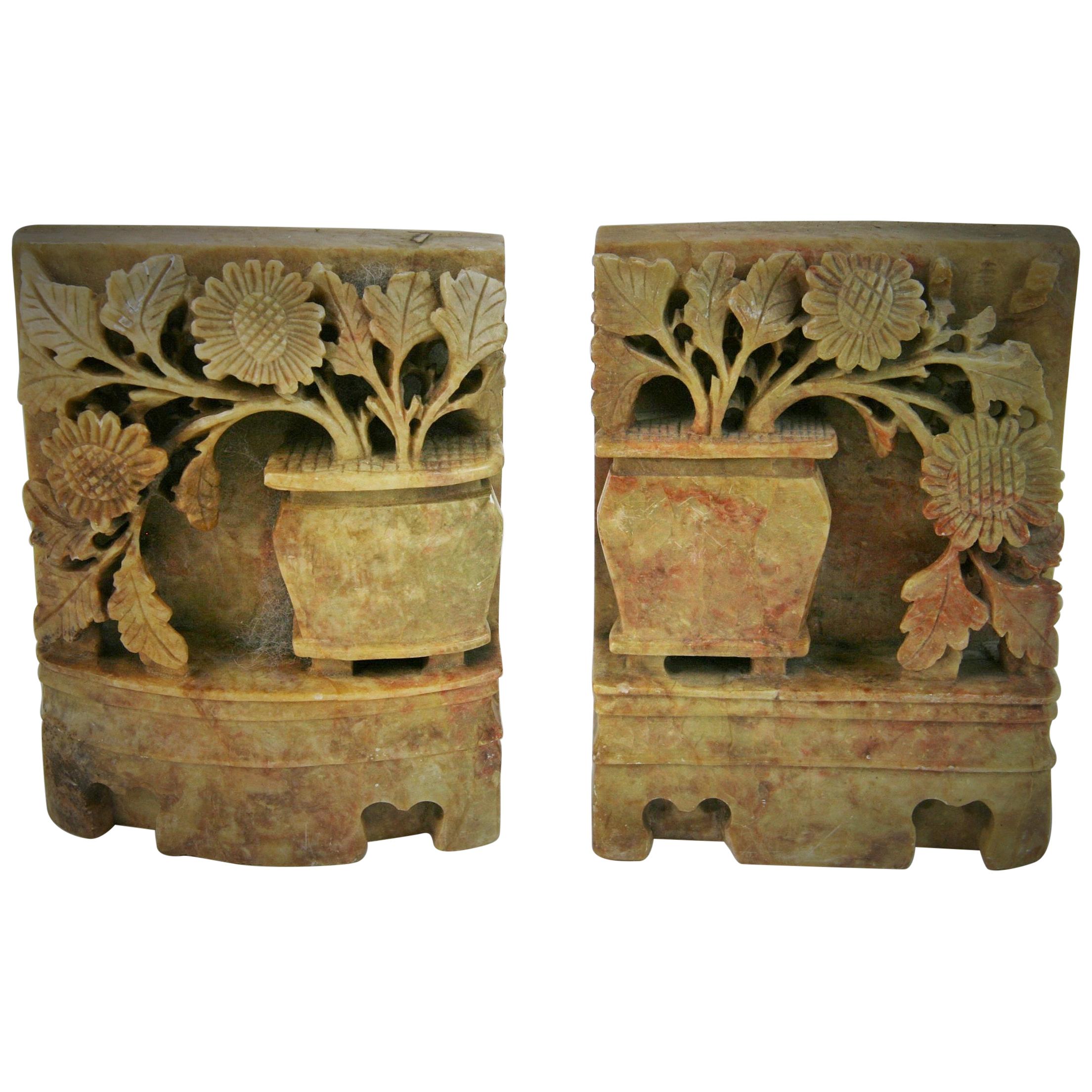 Vintage Pair of  Carved Soapstone Floral Garden Urn Bookends, circa 1930s