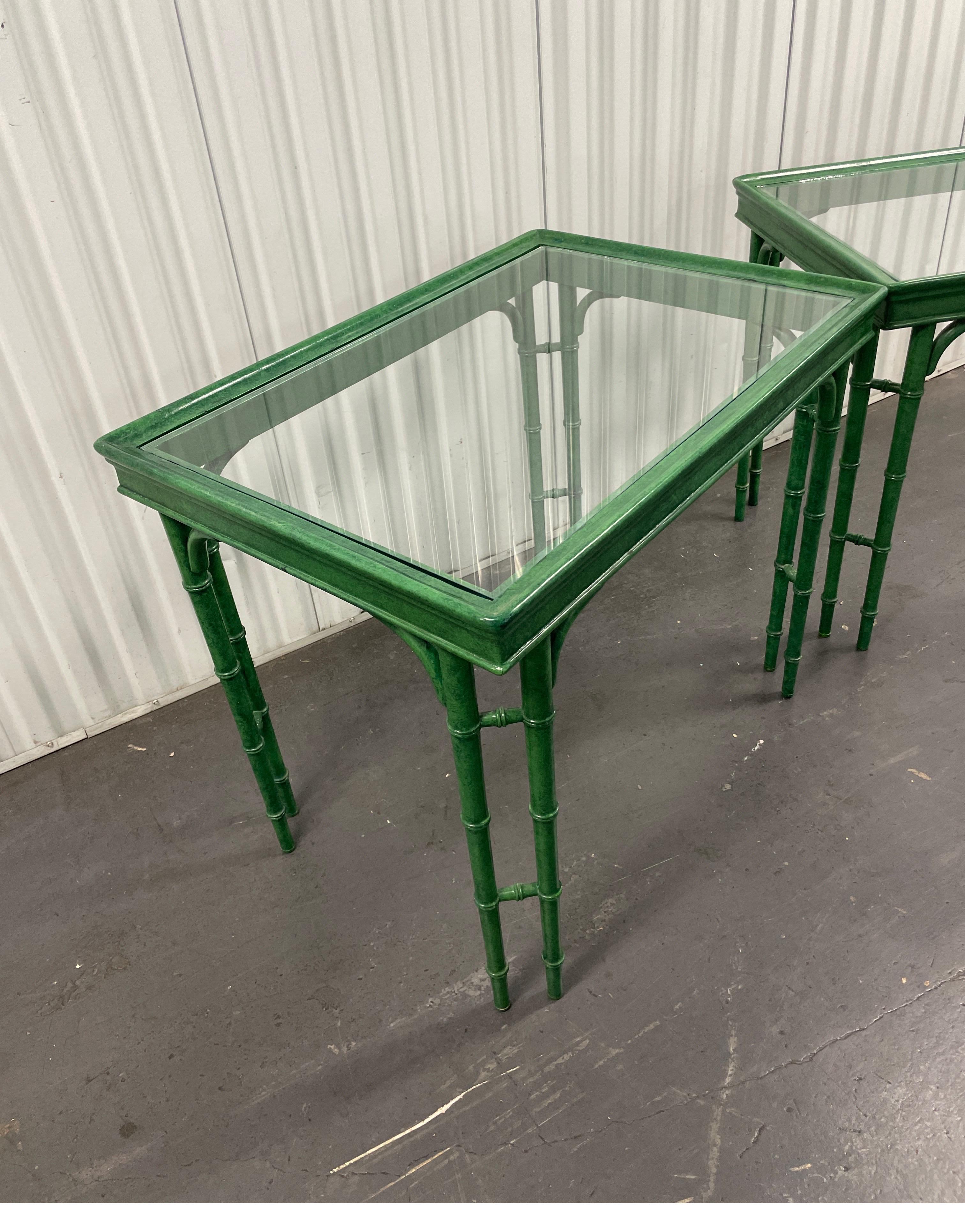 Pair of Vintage Chinese Chippendale Faux Malachite glass top side tables. Double faux bamboo legs with wrap around apron & inset glass top. 