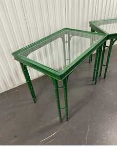 Vintage Pair of Chinese Chippendale Style Faux Painted Malachite Side Tables