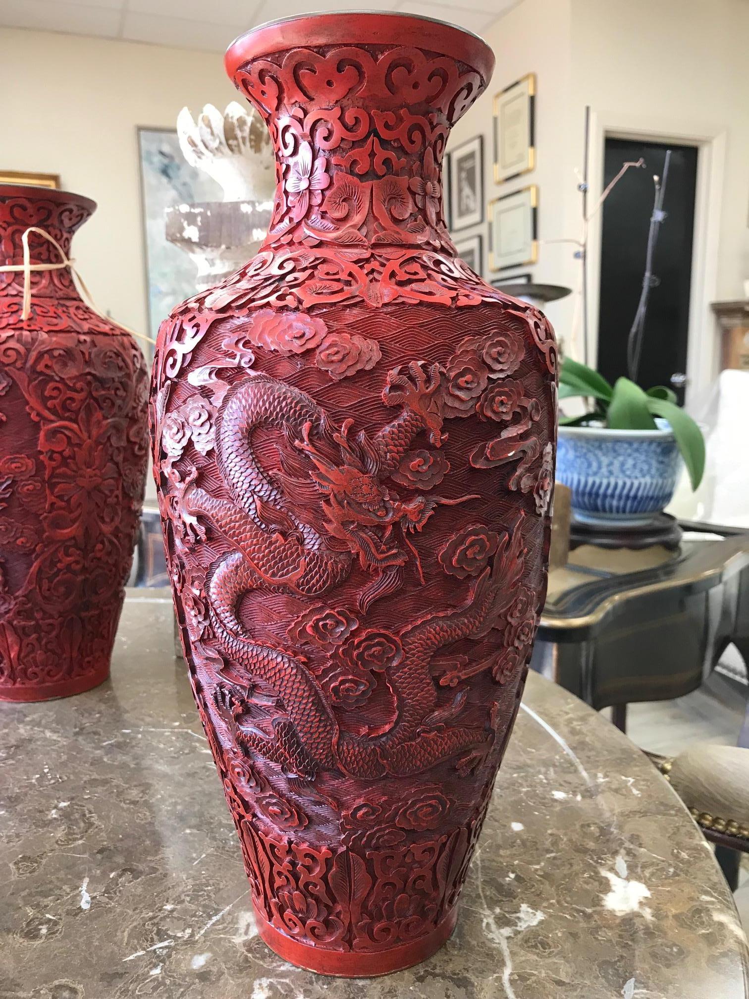 Carved Vintage Pair of Chinese Cinnabar Vases
