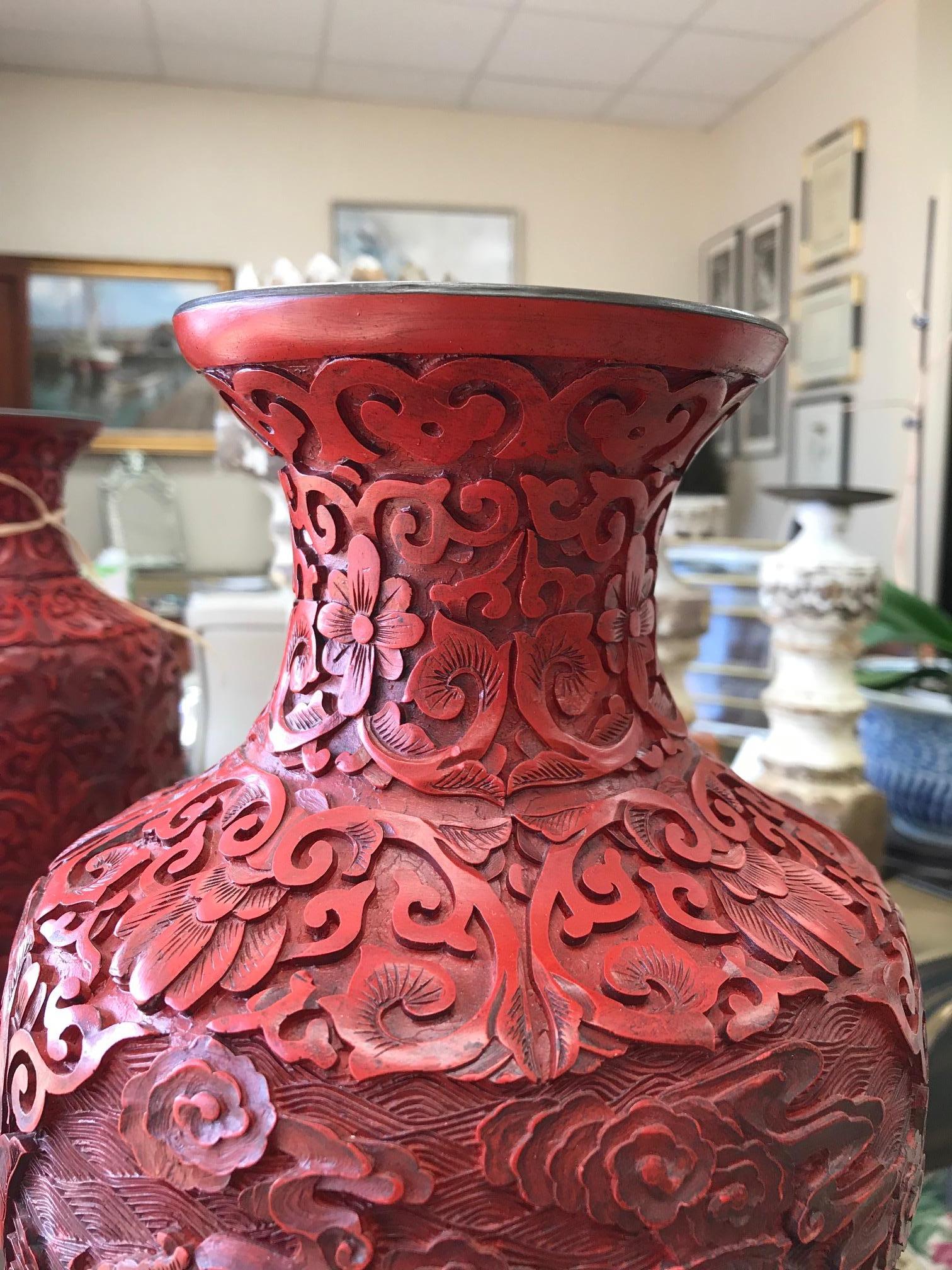 20th Century Vintage Pair of Chinese Cinnabar Vases