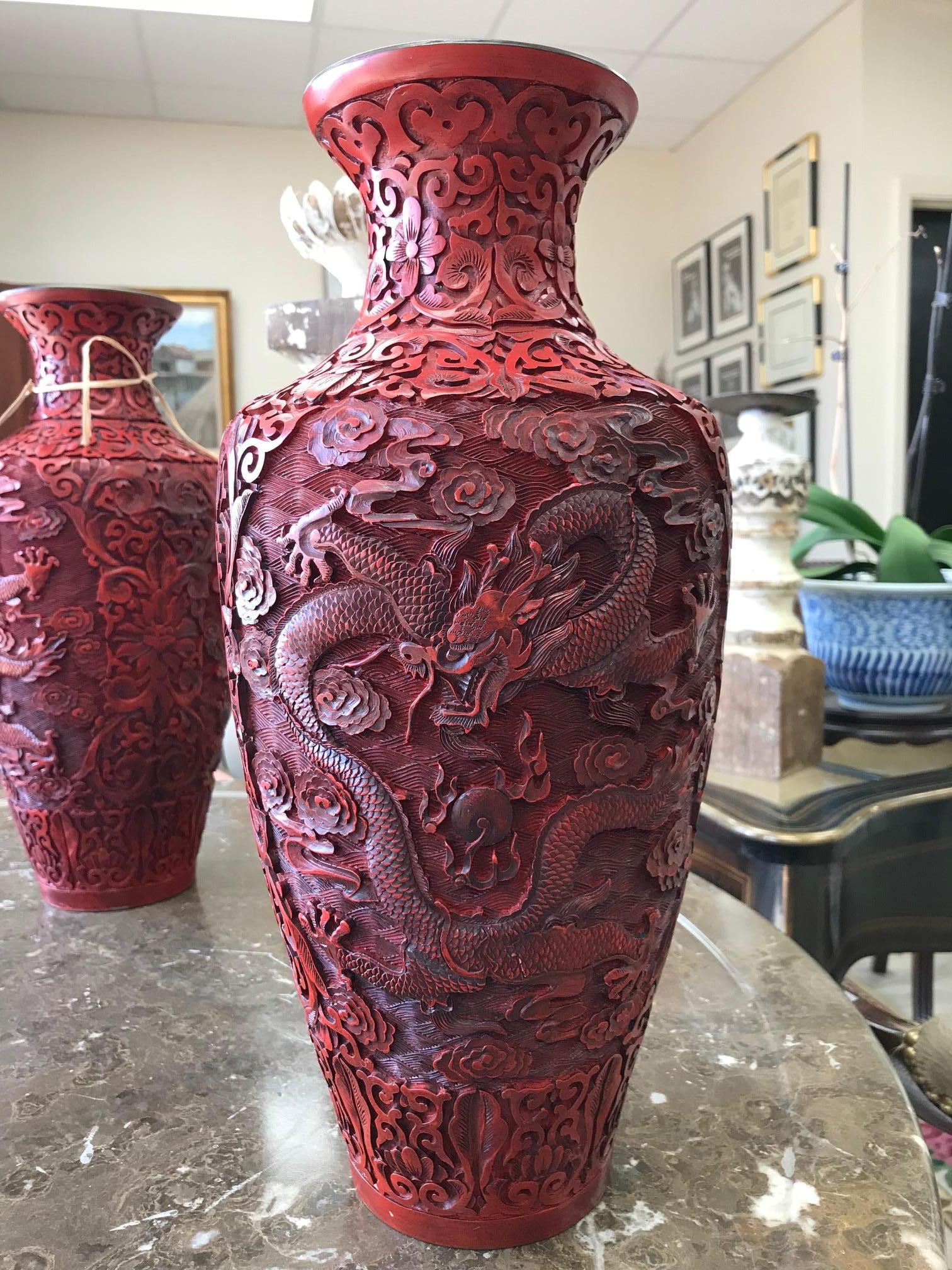 Lacquer Vintage Pair of Chinese Cinnabar Vases