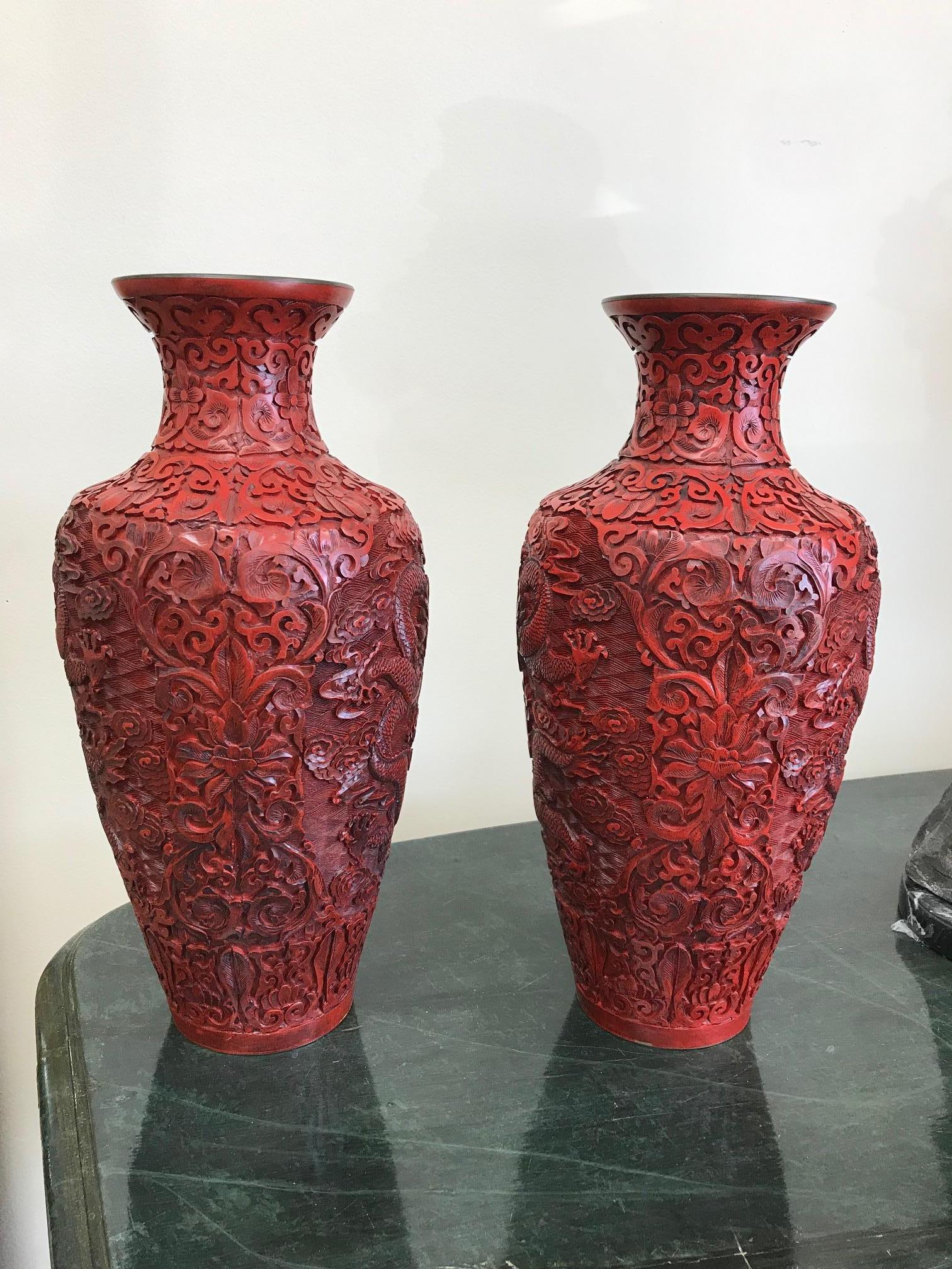 Vintage Pair of Chinese Cinnabar Vases