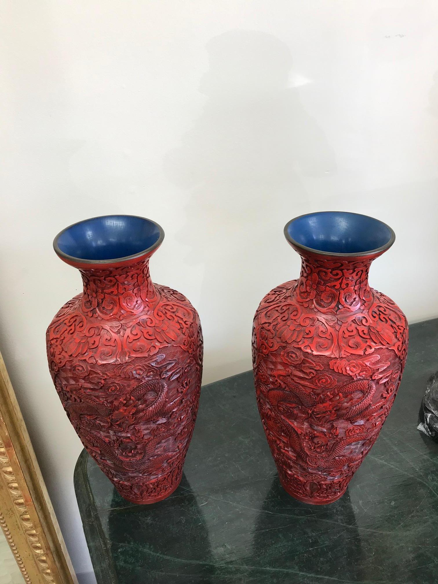 Vintage Pair of Chinese Cinnabar Vases 1