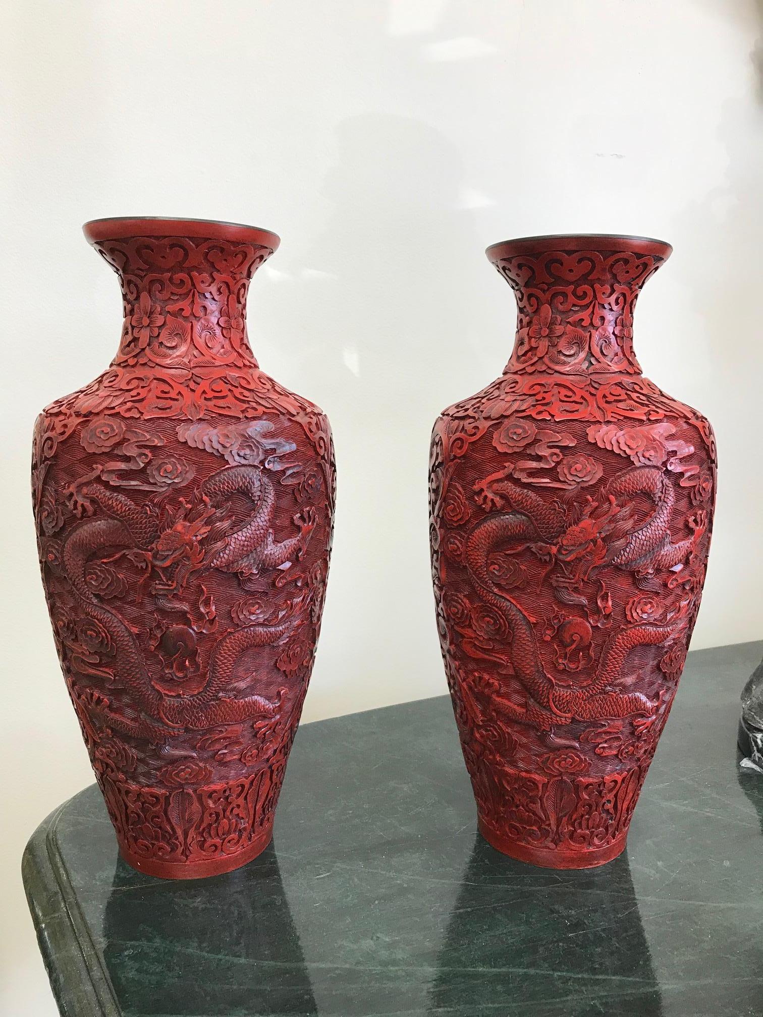 Vintage Pair of Chinese Cinnabar Vases 2