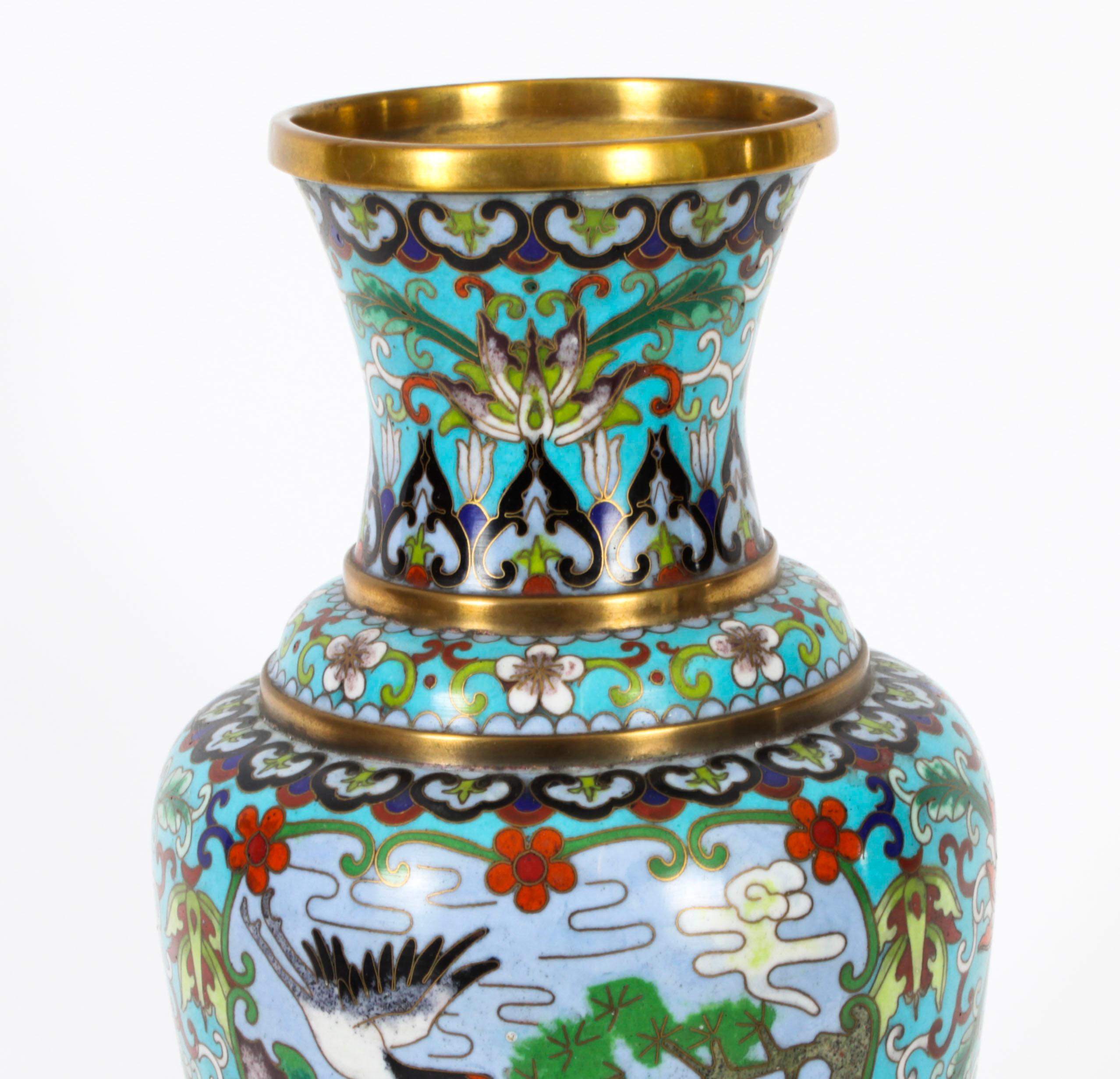 Vintage Pair of Chinese Cloisonné Enamelled Vases 20th C In Good Condition For Sale In London, GB