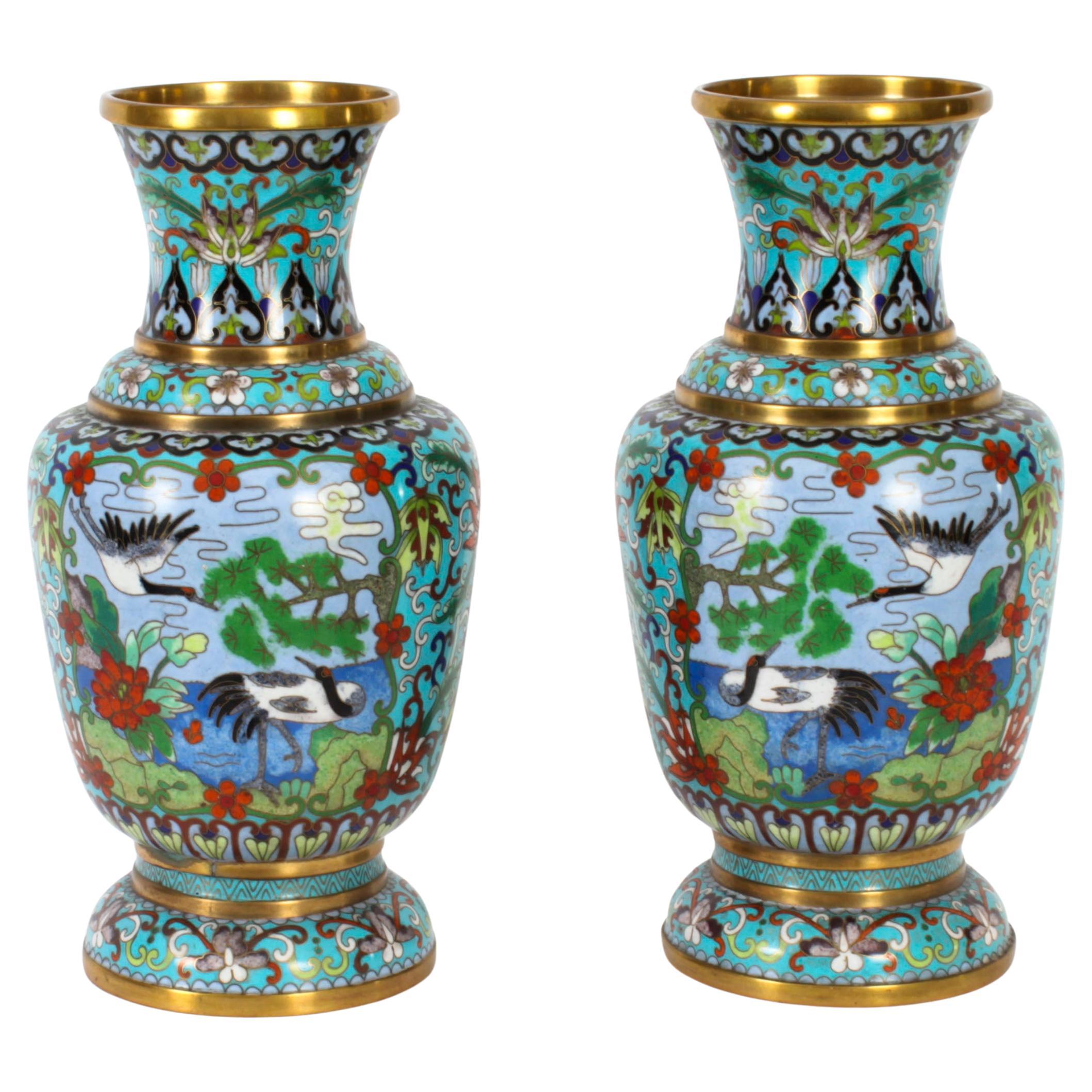 Vintage Pair of Chinese Cloisonné Enamelled Vases 20th C For Sale