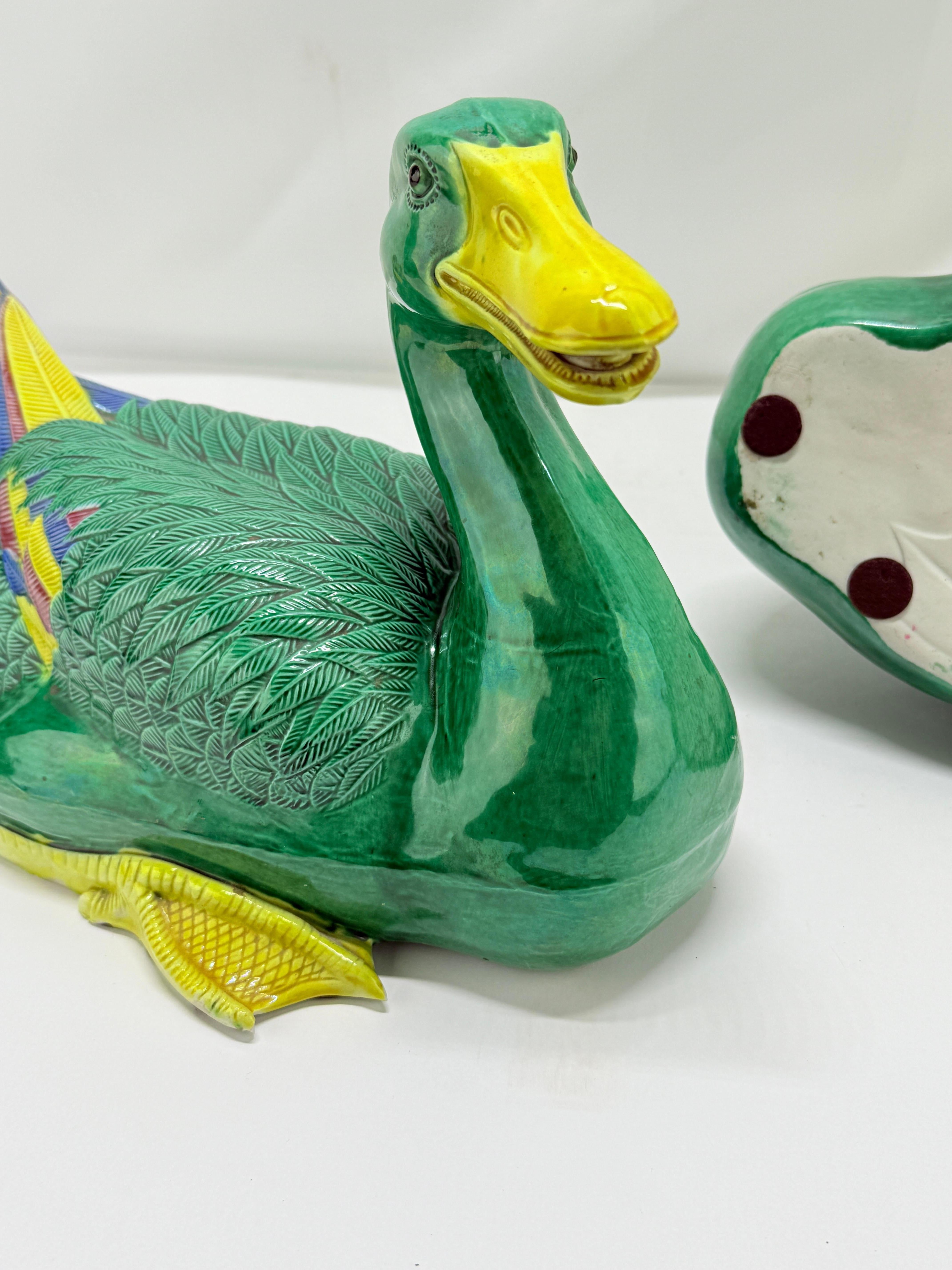 Vintage Pair of Chinese Export Porcelain Green & Yellow Glaze Duck Figurines For Sale 6