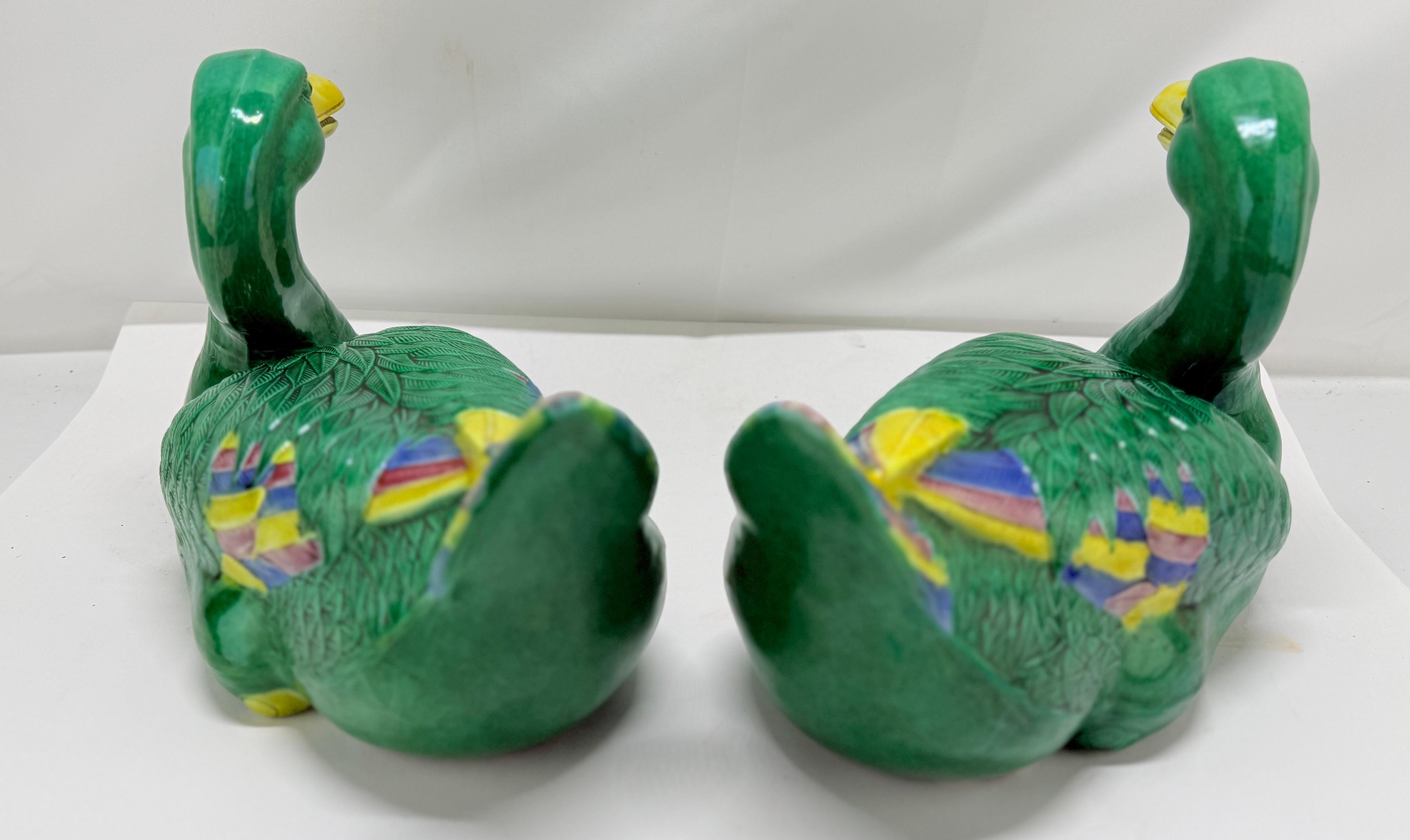 Vintage Pair of Chinese Export Porcelain Green & Yellow Glaze Duck Figurines In Good Condition For Sale In Atlanta, GA