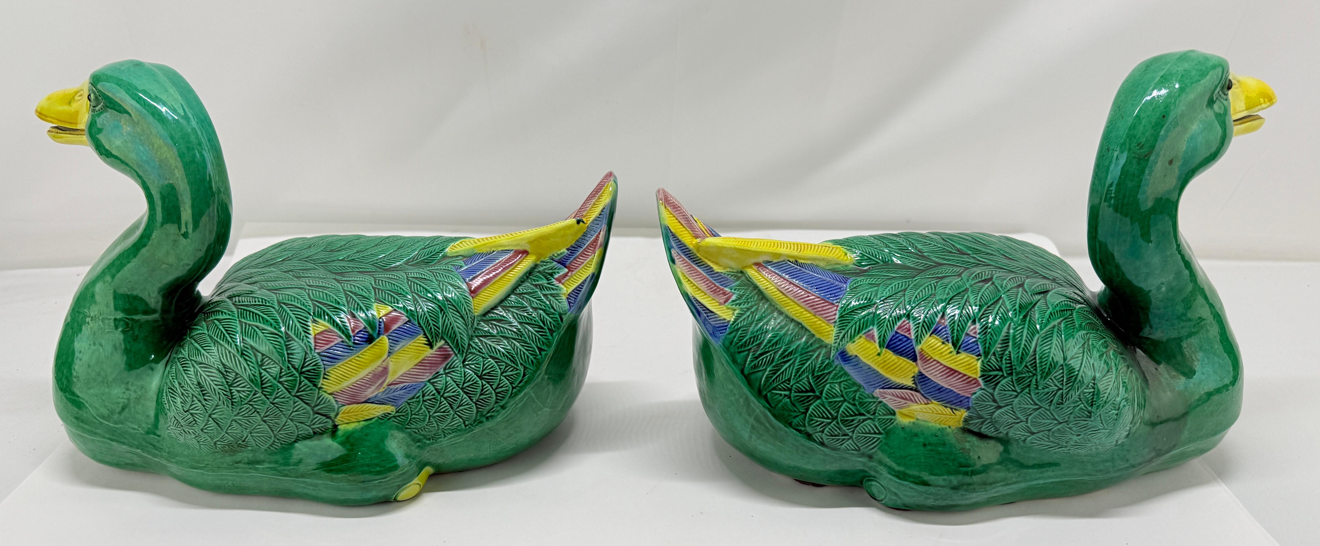 20th Century Vintage Pair of Chinese Export Porcelain Green & Yellow Glaze Duck Figurines For Sale