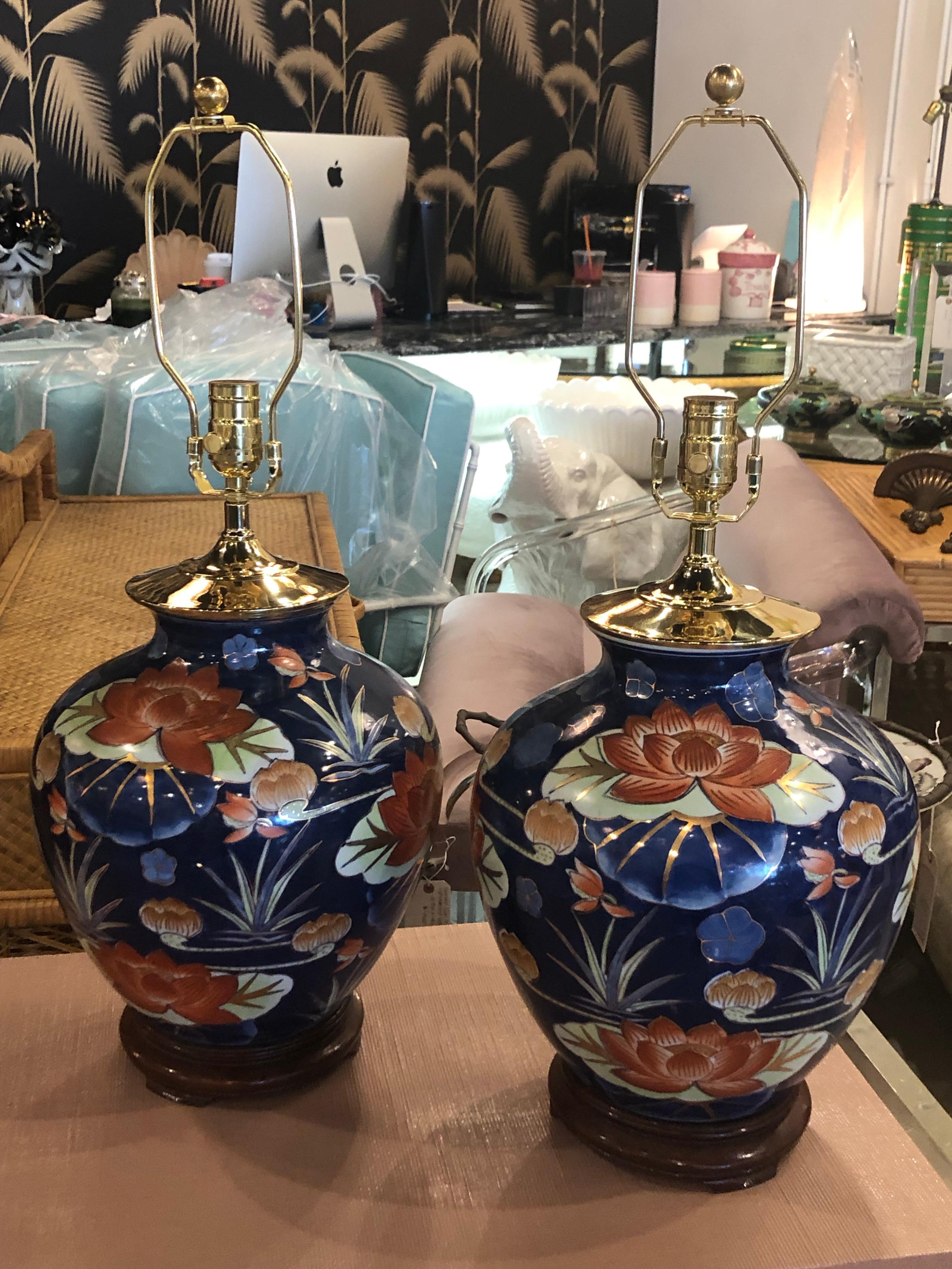 Vintage Pair of Chinoiserie Lotus Table Lamps Orange & Navy Blue Brass Pagoda 2