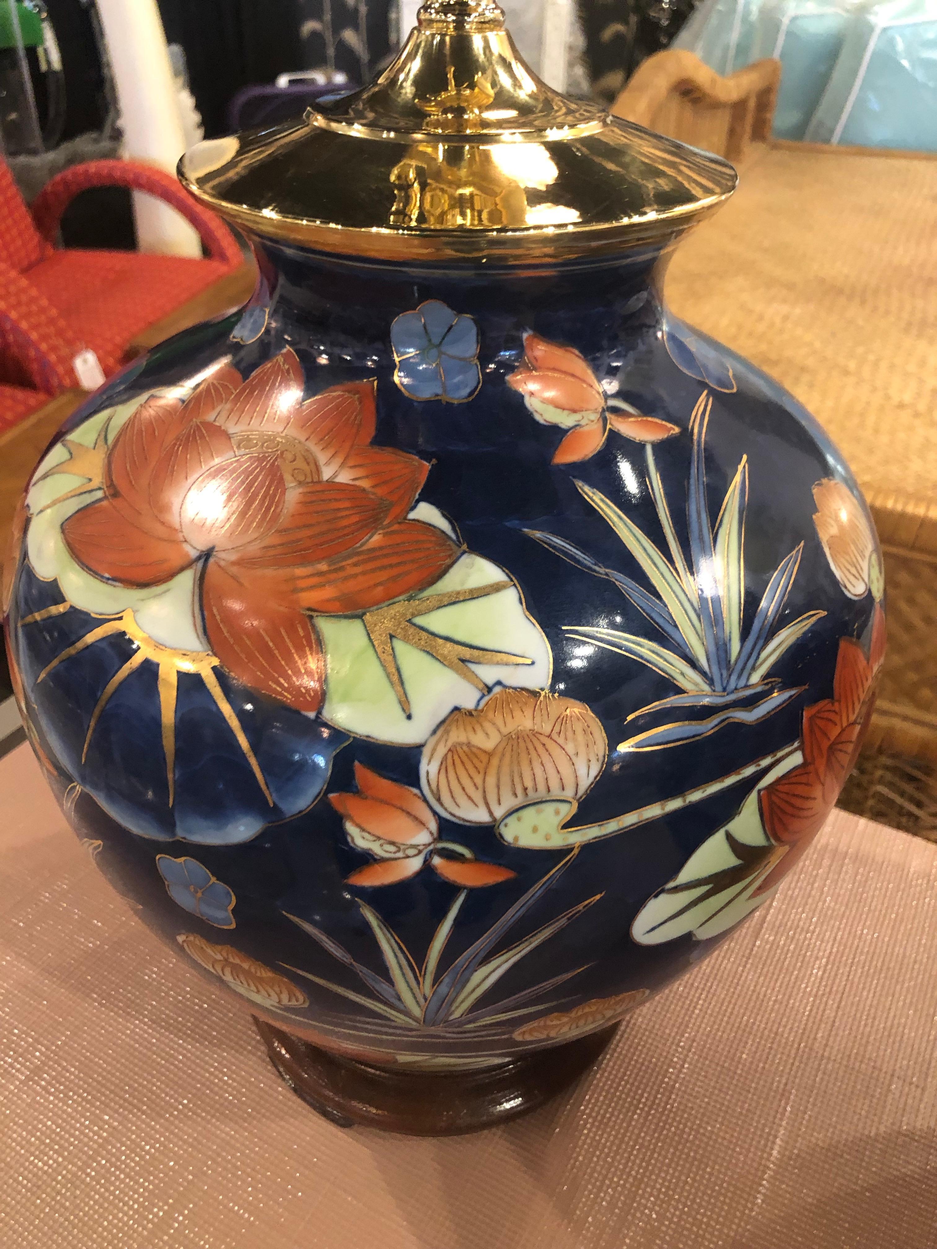 American Vintage Pair of Chinoiserie Lotus Table Lamps Orange & Navy Blue Brass Pagoda