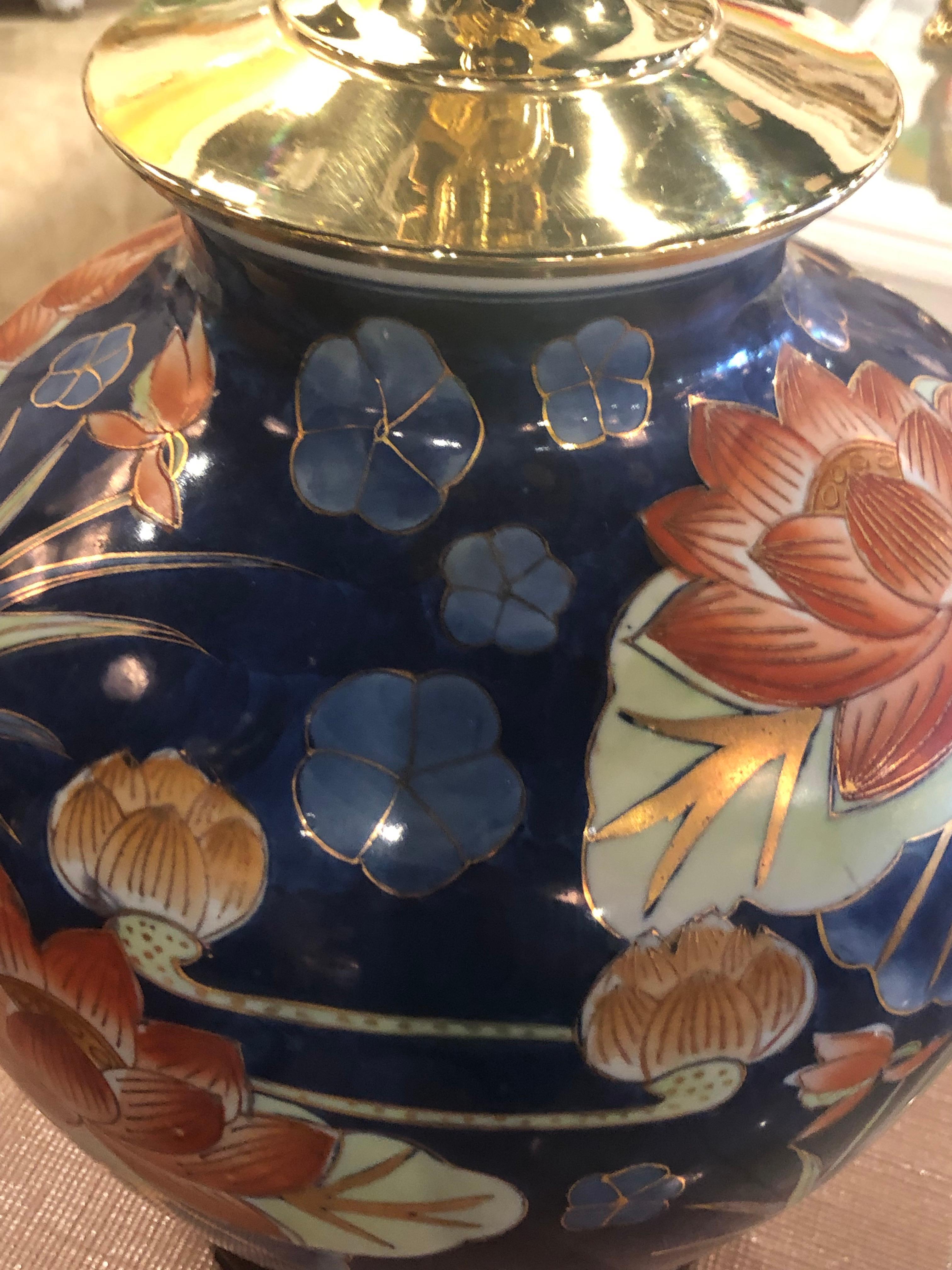 Late 20th Century Vintage Pair of Chinoiserie Lotus Table Lamps Orange & Navy Blue Brass Pagoda