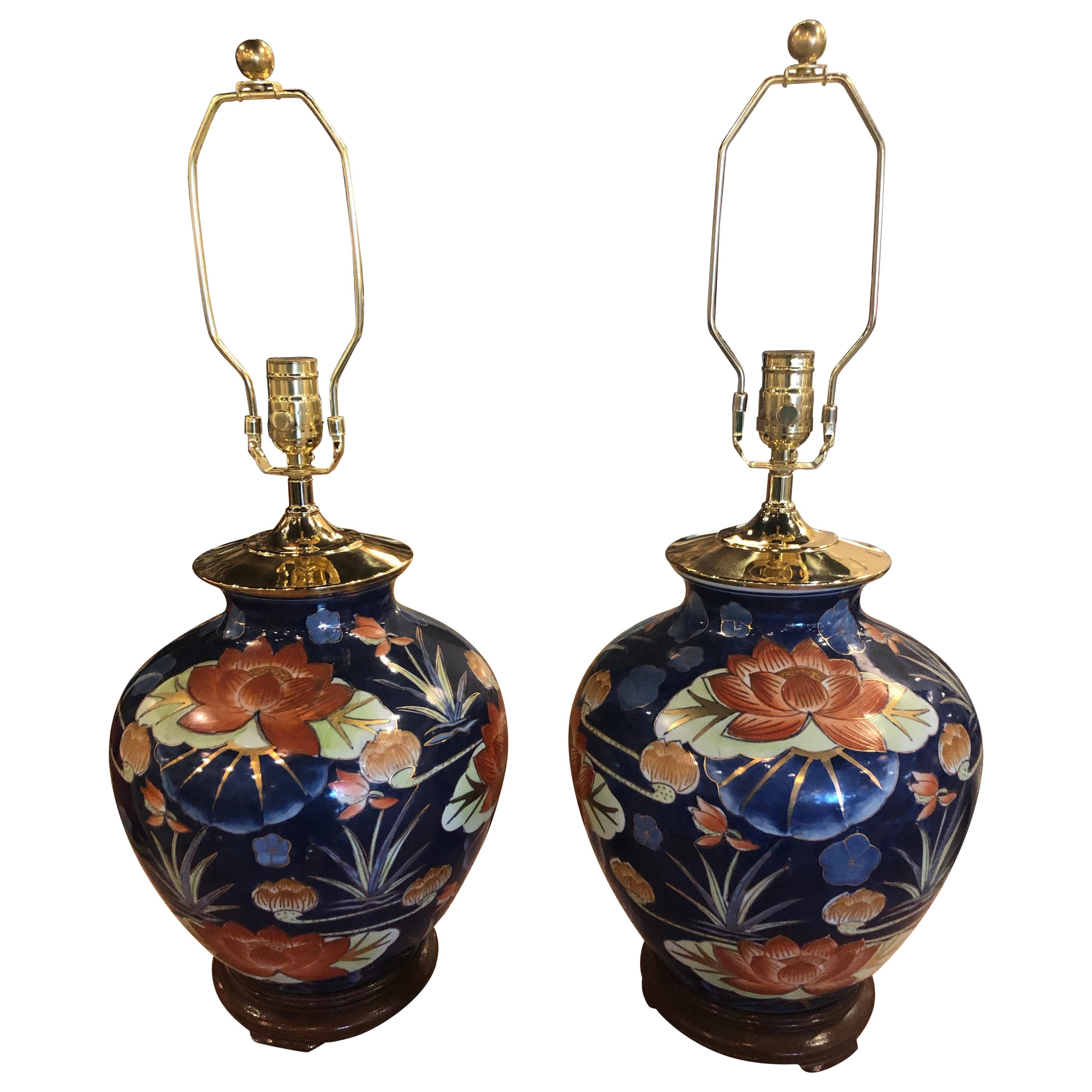 Vintage Pair of Chinoiserie Lotus Table Lamps Orange & Navy Blue Brass Pagoda