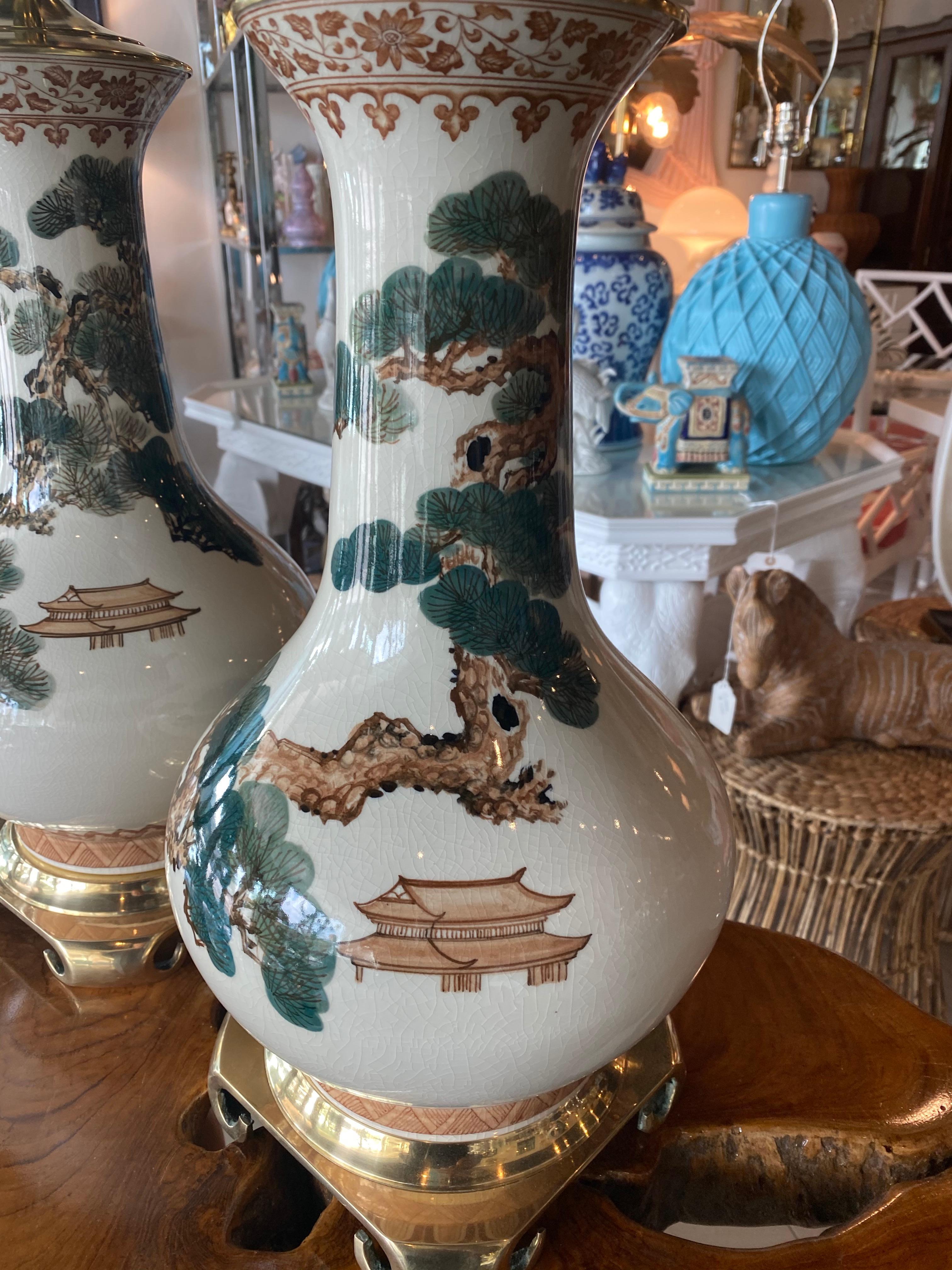 Vintage Pair of Chinoiserie Pagoda Ceramic Table Lamps Brass Newly Wired 2