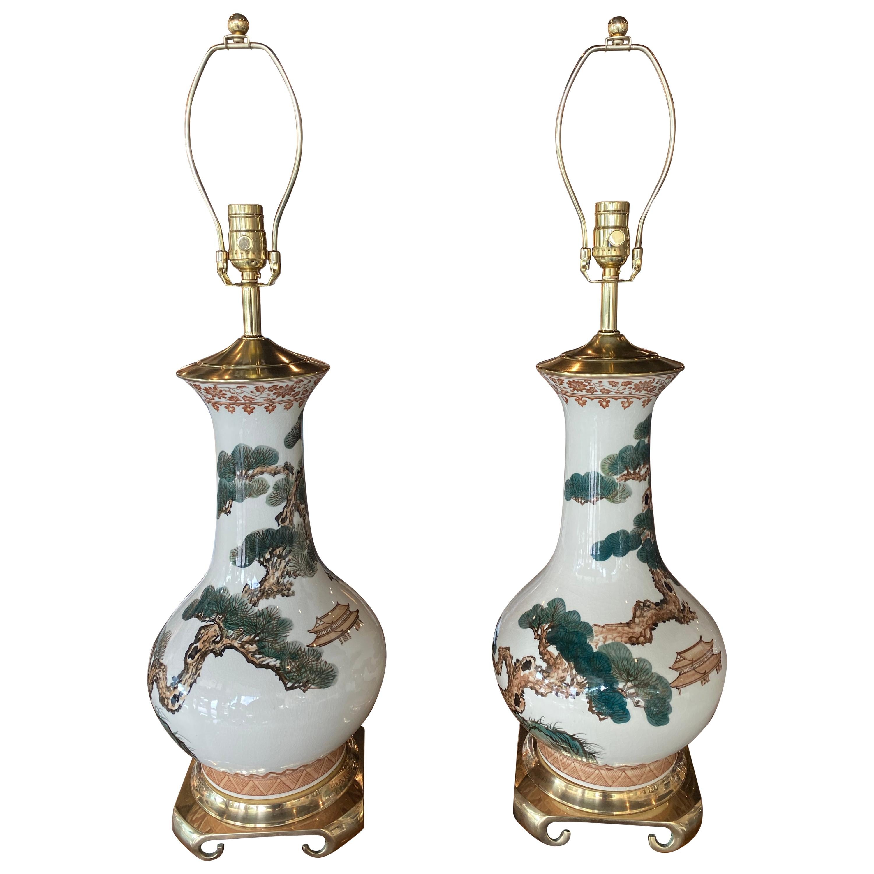 Vintage Pair of Chinoiserie Pagoda Ceramic Table Lamps Brass Newly Wired