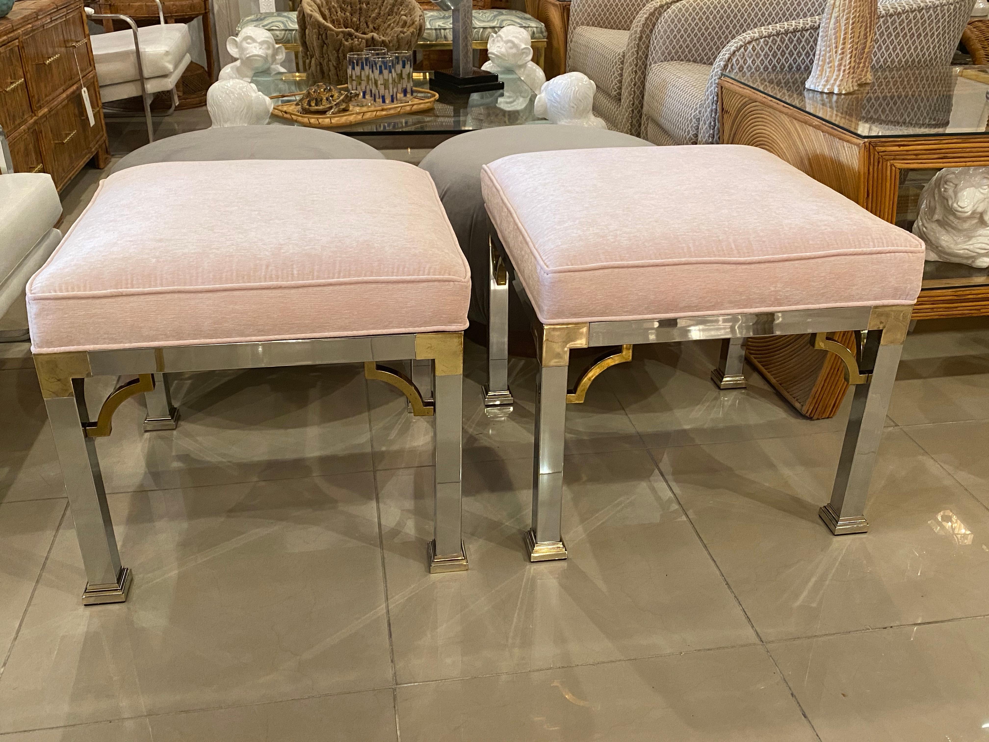 Vintage Pair of Chrome and Brass Upholstered Pink Velvet Benches Stools Ottomans For Sale 1