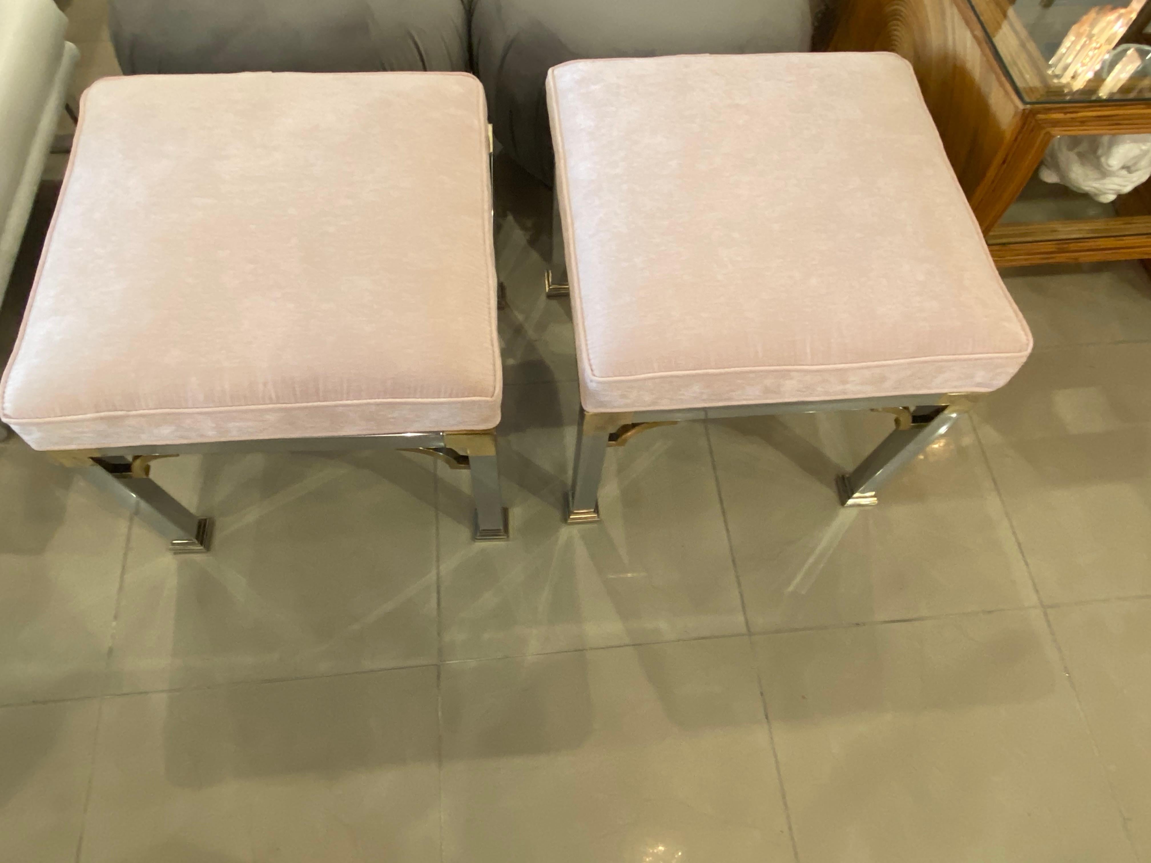Vintage Pair of Chrome and Brass Upholstered Pink Velvet Benches Stools Ottomans For Sale 2