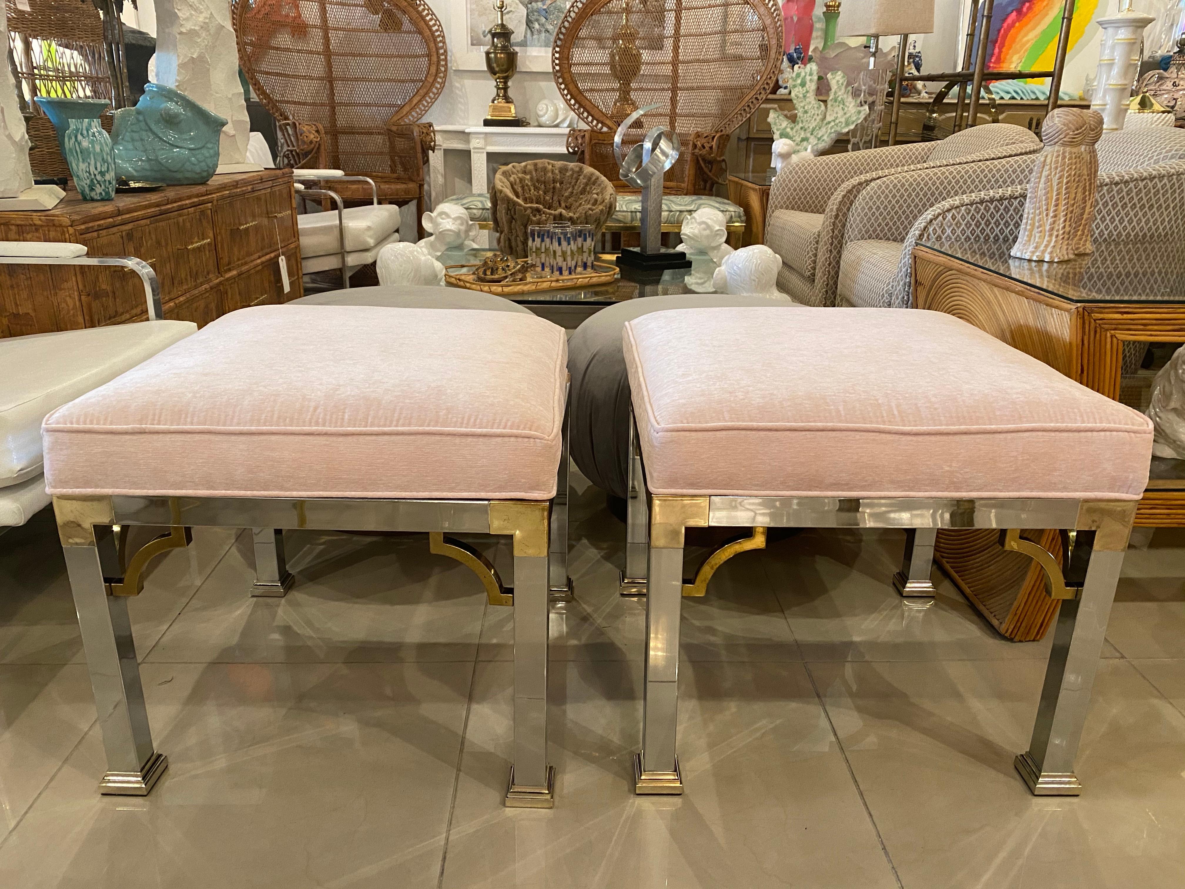 Vintage Pair of Chrome and Brass Upholstered Pink Velvet Benches Stools Ottomans For Sale 3