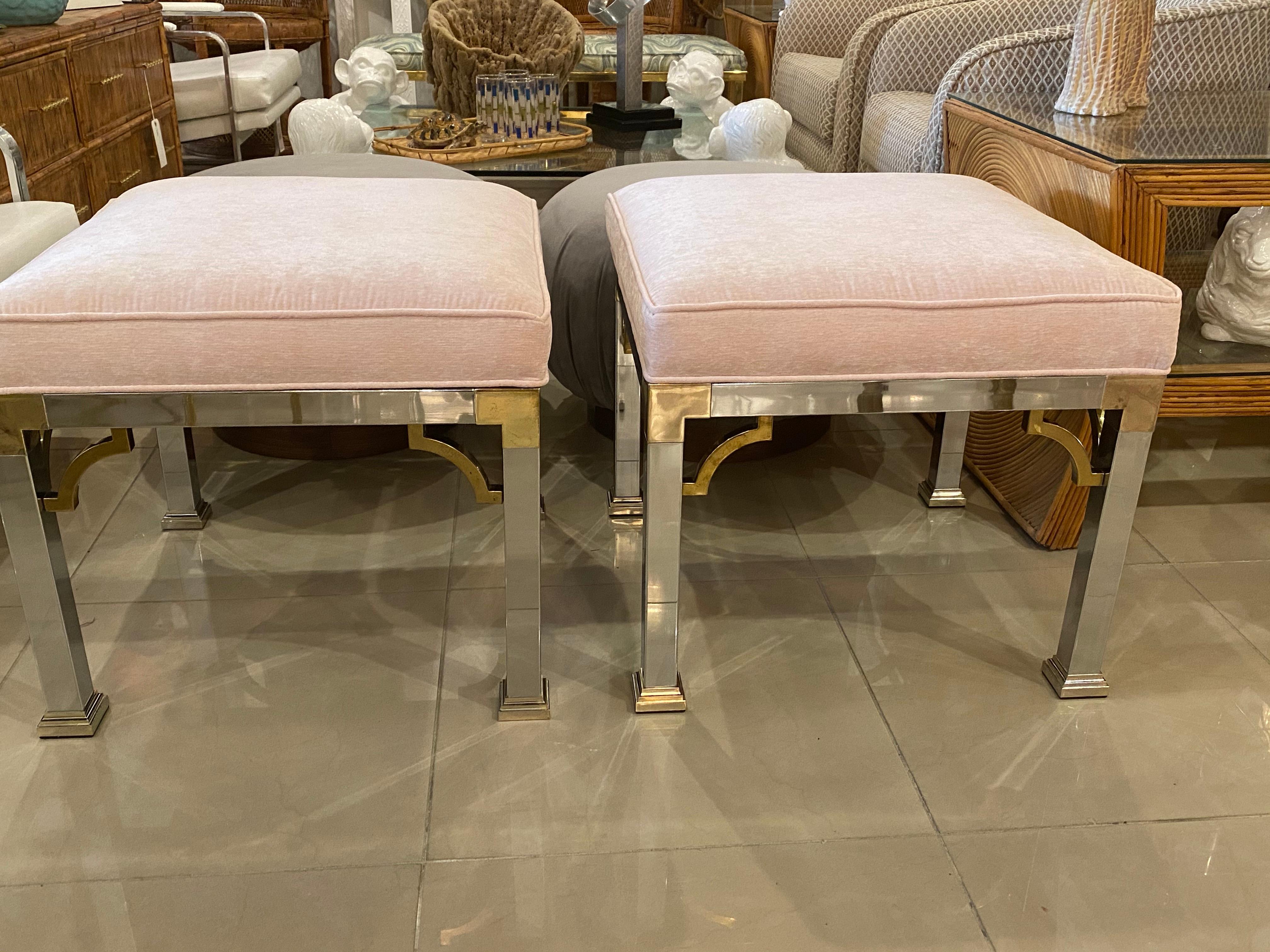Hollywood Regency Vintage Pair of Chrome and Brass Upholstered Pink Velvet Benches Stools Ottomans For Sale