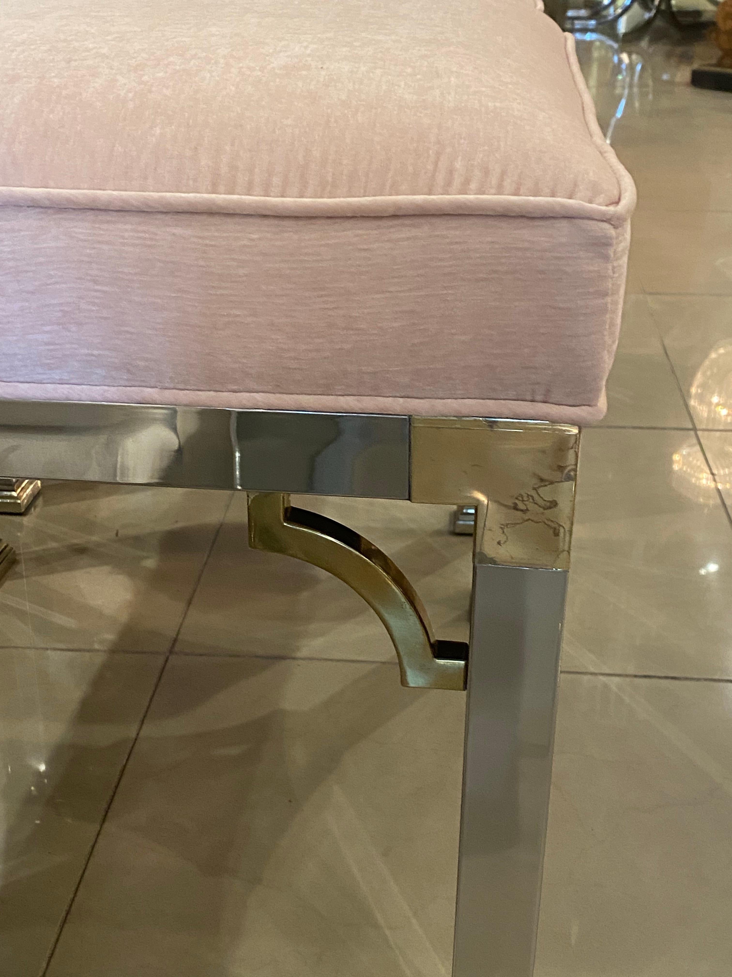 Vintage Pair of Chrome and Brass Upholstered Pink Velvet Benches Stools Ottomans In Good Condition For Sale In West Palm Beach, FL