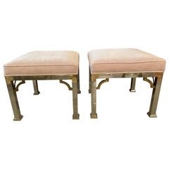 Retro Pair of Chrome and Brass Upholstered Pink Velvet Benches Stools Ottomans