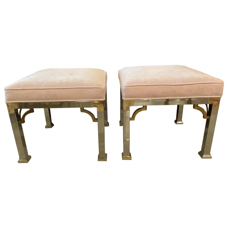Vintage Pair of Chrome and Brass Upholstered Pink Velvet Benches Stools  Ottomans For Sale at 1stDibs | antique stools and benches, pair of ottomans,  brass leg ottoman