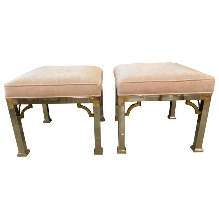 Vintage Pair of Chrome and Brass Upholstered Pink Velvet Benches Stools