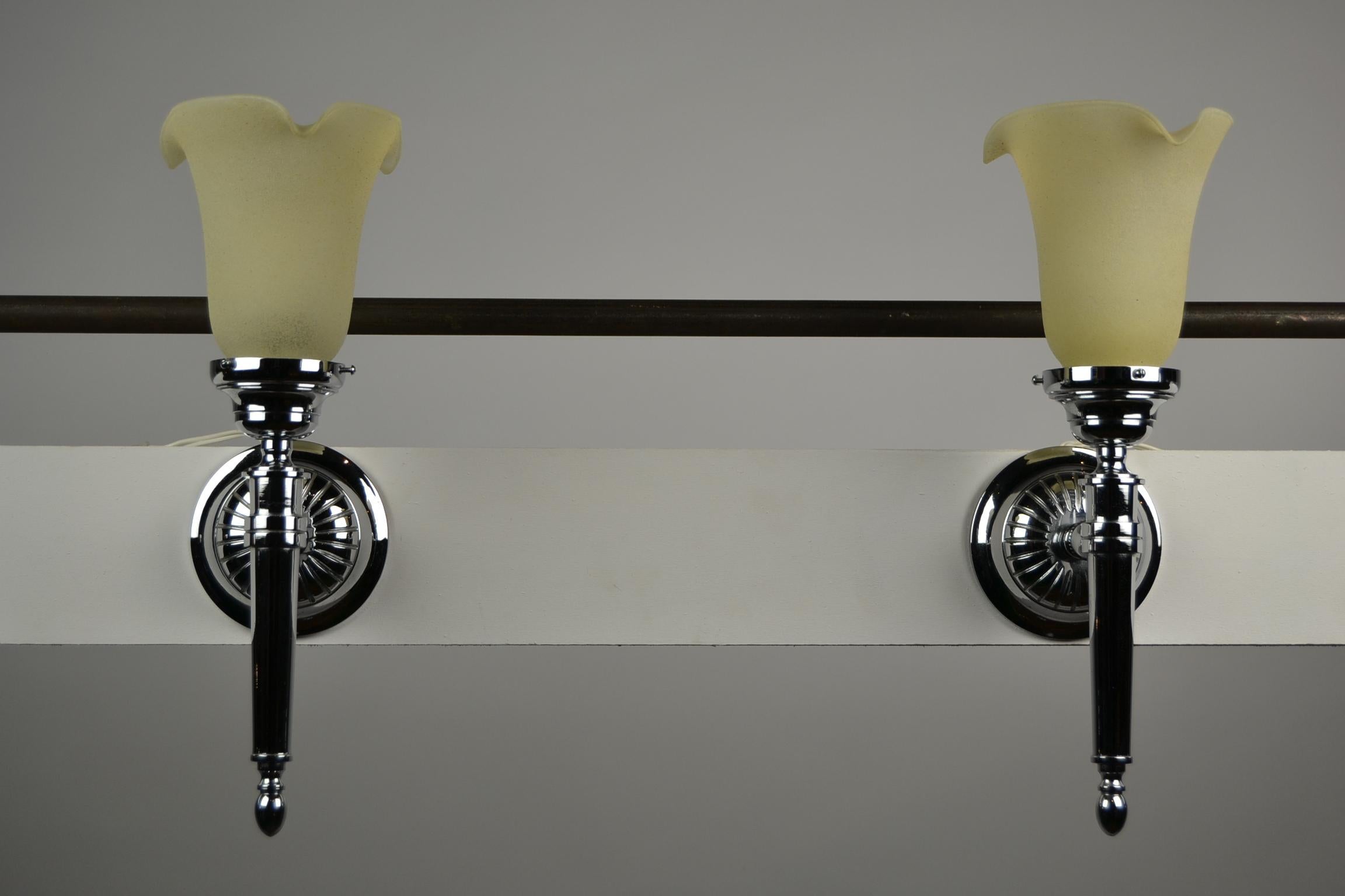 Pair of Chrome Torch Wall Scones with Yellow Frosted Glass Shades, 1960s 6
