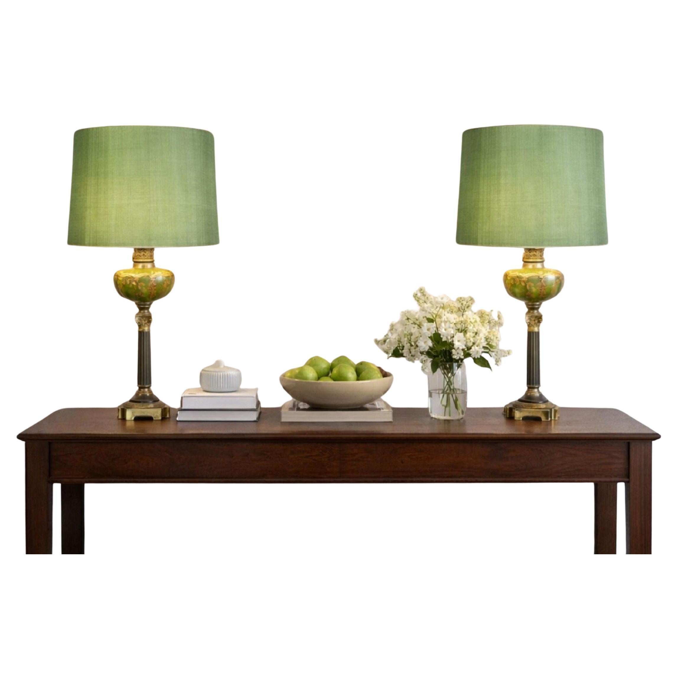Vintage Pair of Classical Style Table Lamps with Viennese Burner Mark, Mint-Oliv For Sale
