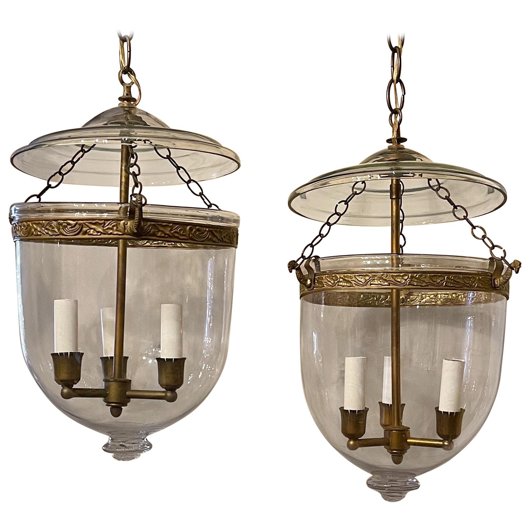 Vintage Pair of Clear Glass Bell Jar Lanterns Bronze 3-Light Vaughan Fixtures