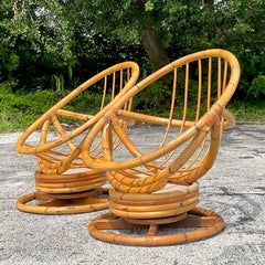 Vintage Pair of Coastal Bent Rattan Hoop Swivel Chairs