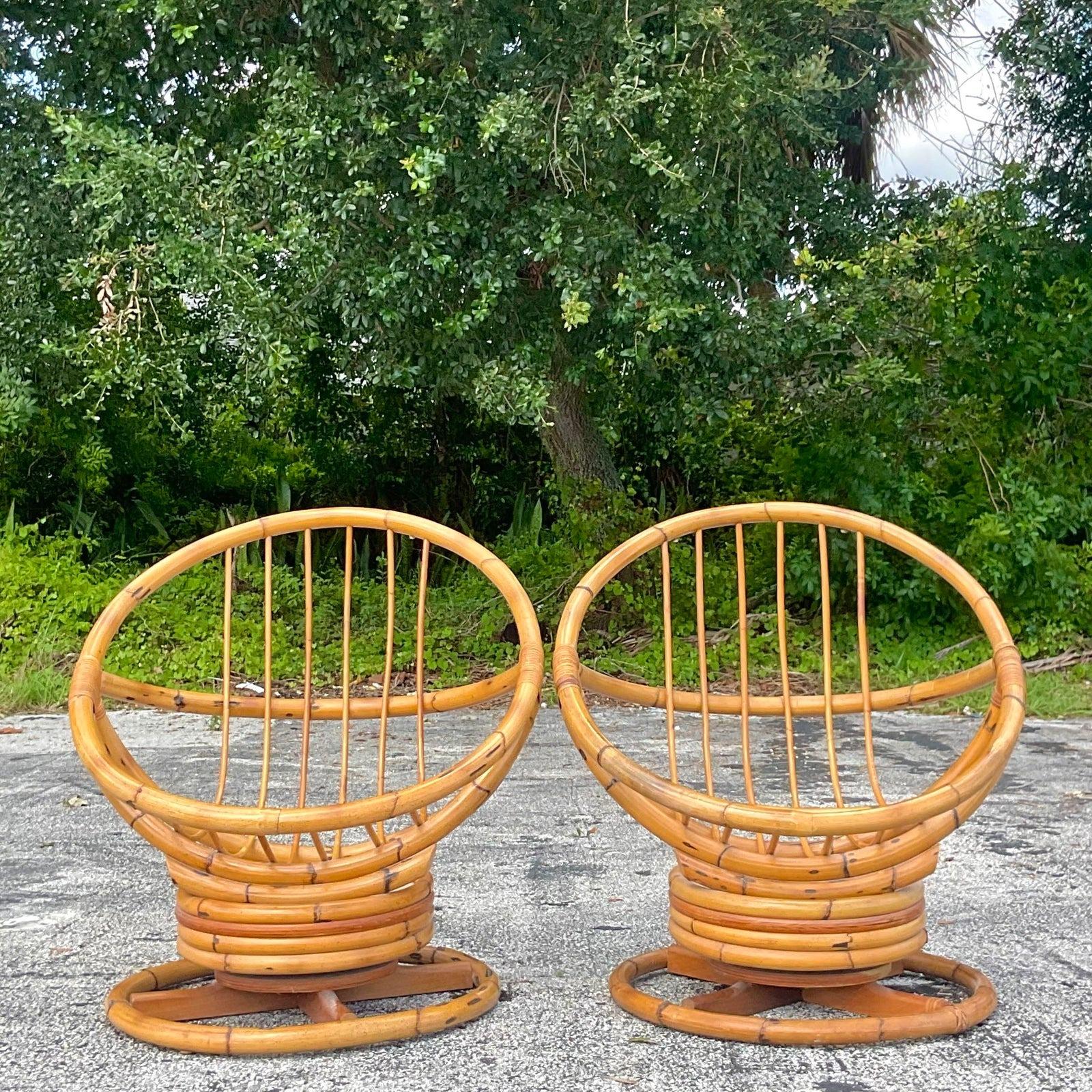 Vintage Pair of Coastal Bent Rattan Hoop Swivel Chairs In Good Condition In west palm beach, FL