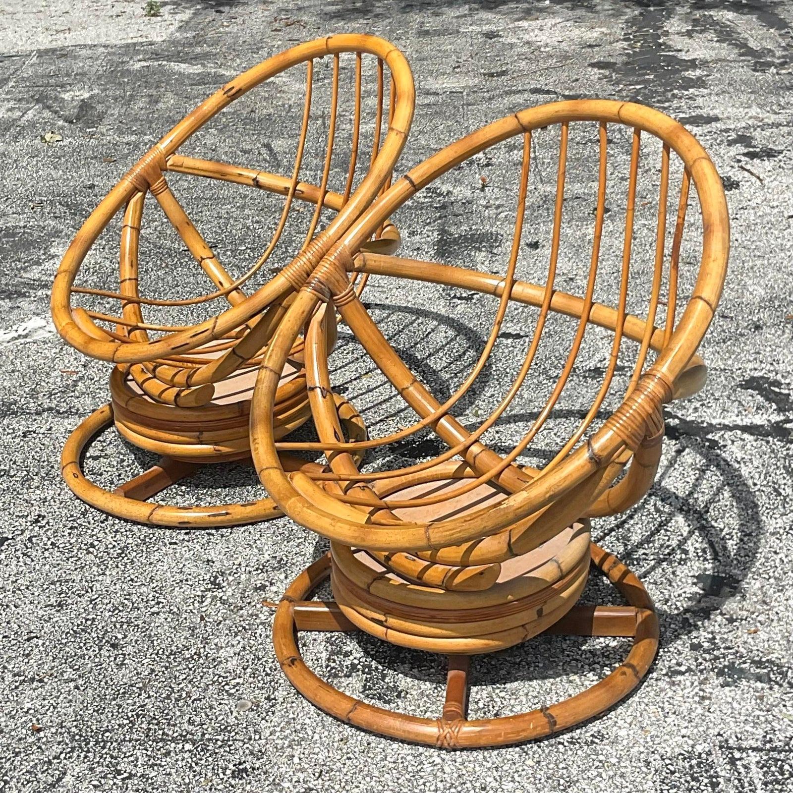 Vintage Pair of Coastal Bent Rattan Hoop Swivel Chairs 1