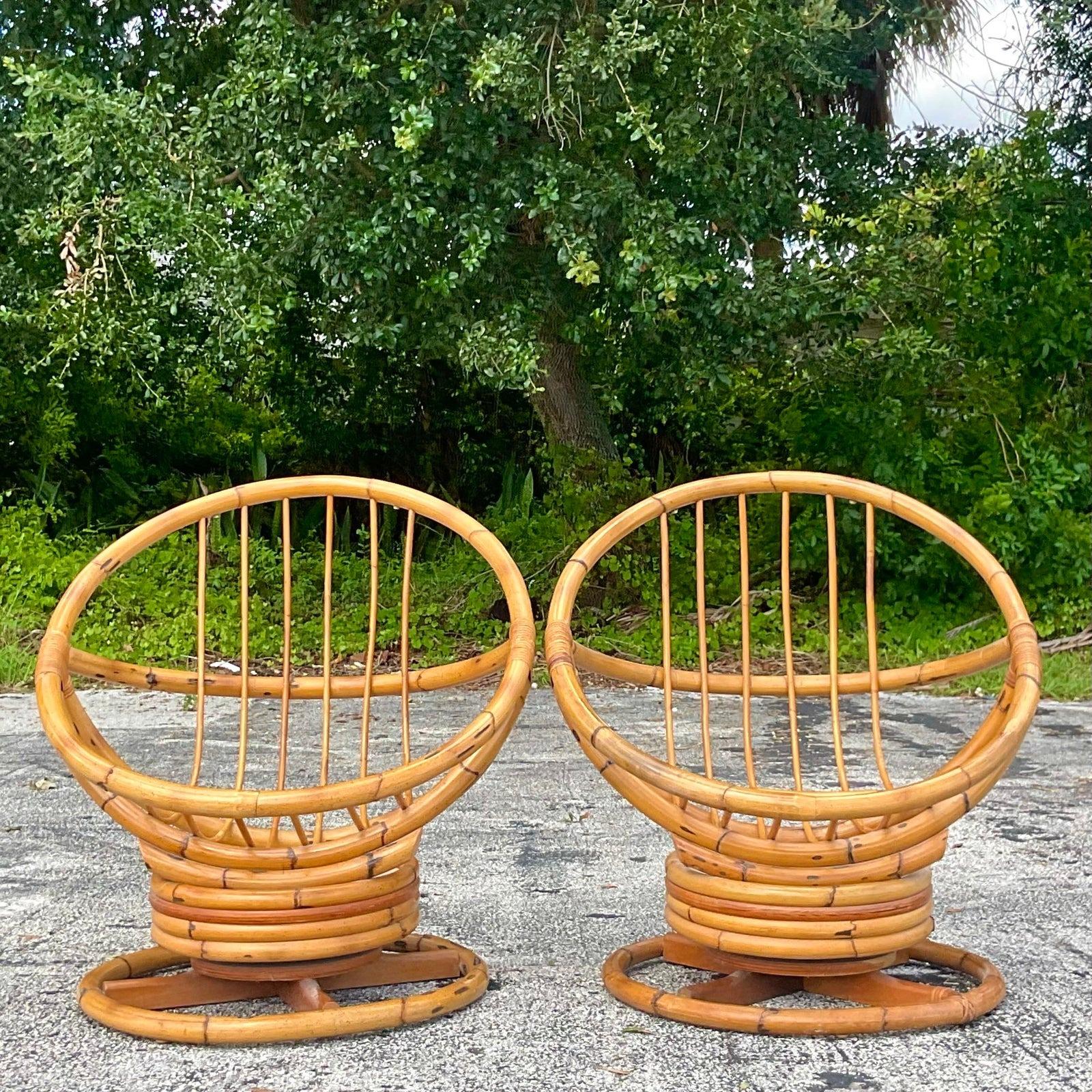 Vintage Pair of Coastal Bent Rattan Hoop Swivel Chairs 2