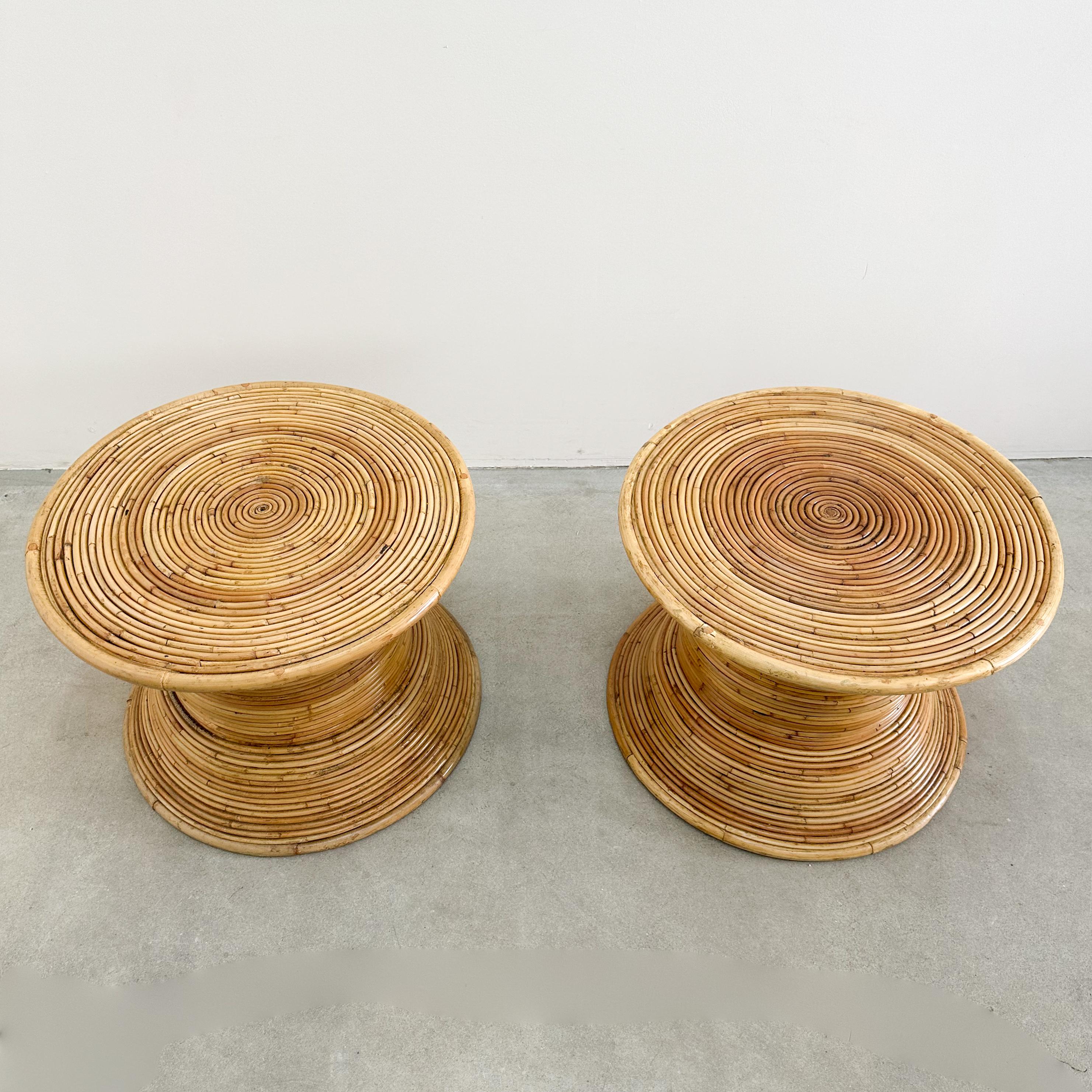 Pair of Vintage Coastal Pencil Reed Rattan End Tables In Good Condition In Palm Desert, CA