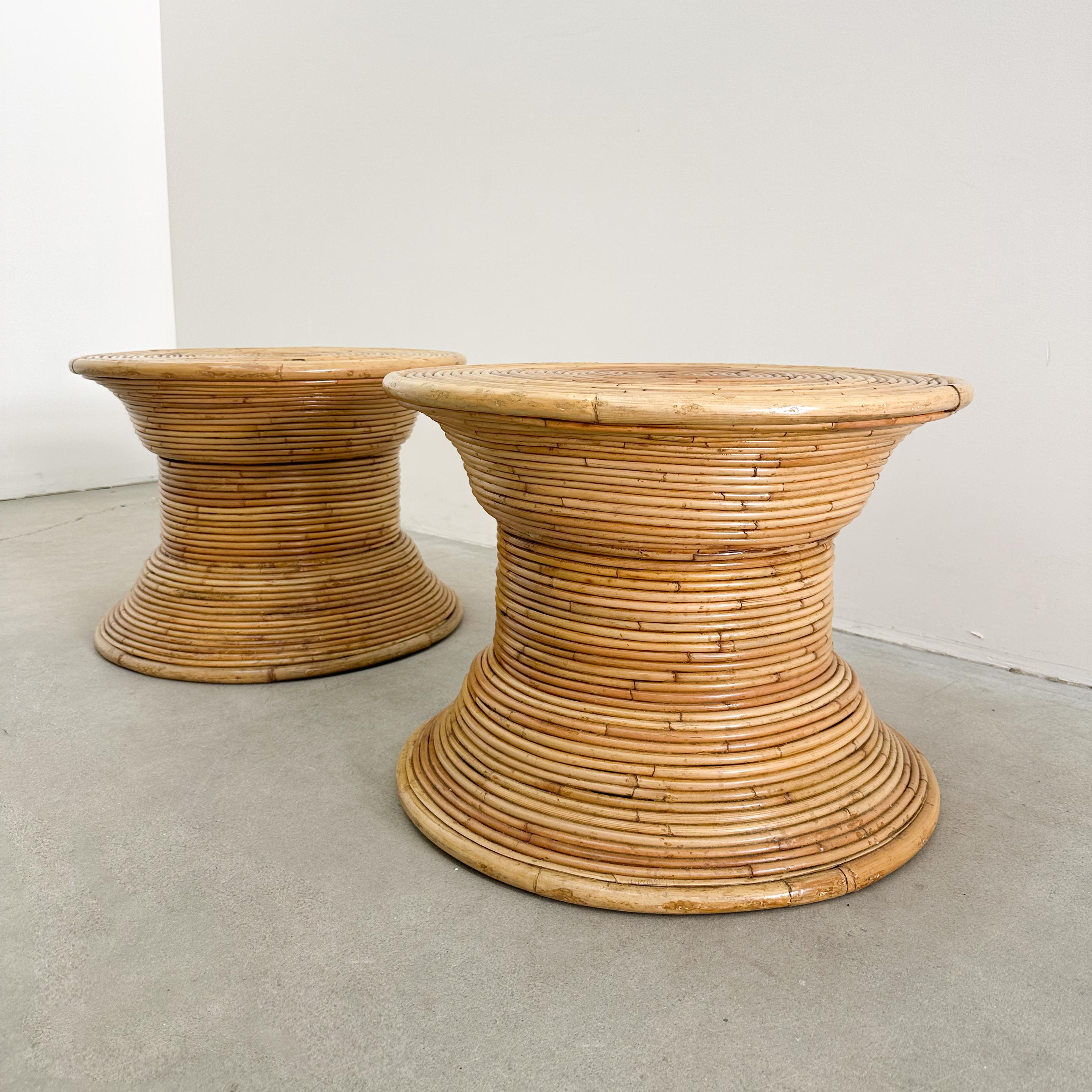 Late 20th Century Pair of Vintage Coastal Pencil Reed Rattan End Tables