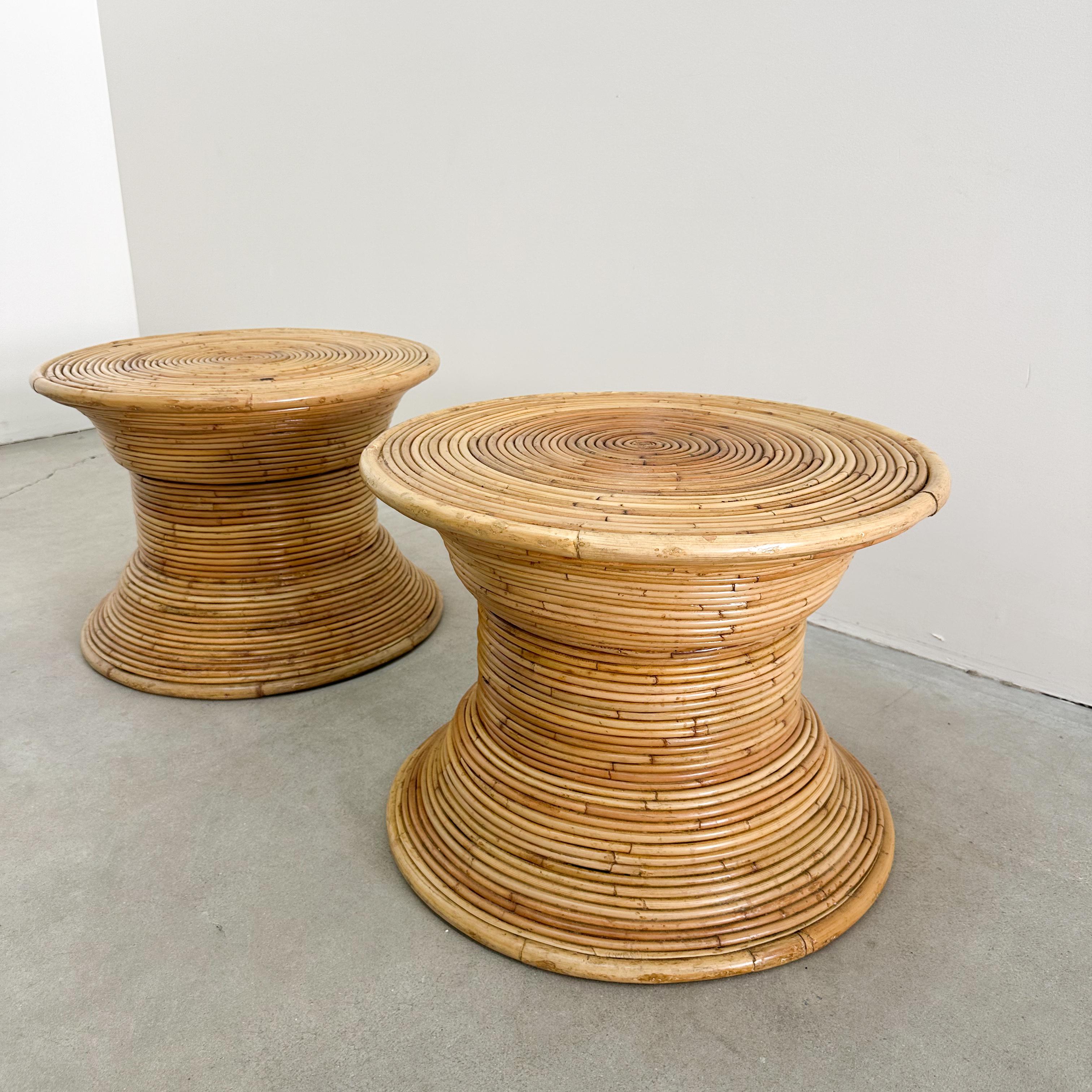 Pair of Vintage Coastal Pencil Reed Rattan End Tables 1