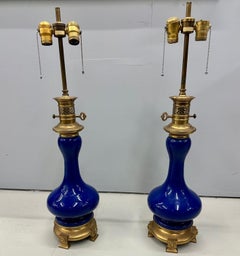 Vintage Pair of Cobalt Blue Warren Kessler Porcelain Table Lamps, Brass, Labeled