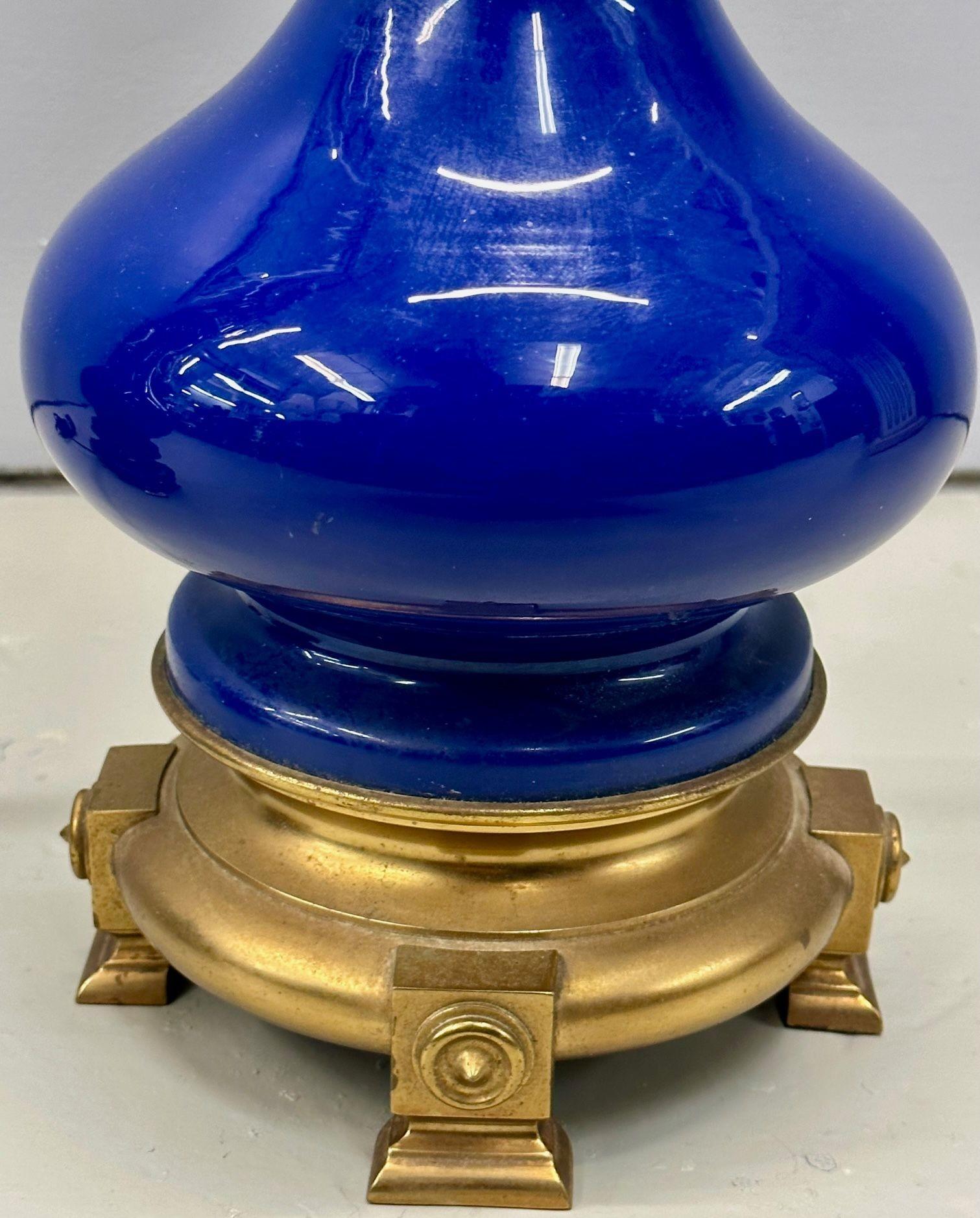 Vintage Pair of Cobalt Blue Warren Kessler Porcelain Table Lamps, Brass, Labeled For Sale 1