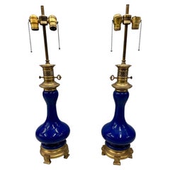 Vintage Pair of Cobalt Blue Warren Kessler Porcelain Table Lamps, Brass, Labeled