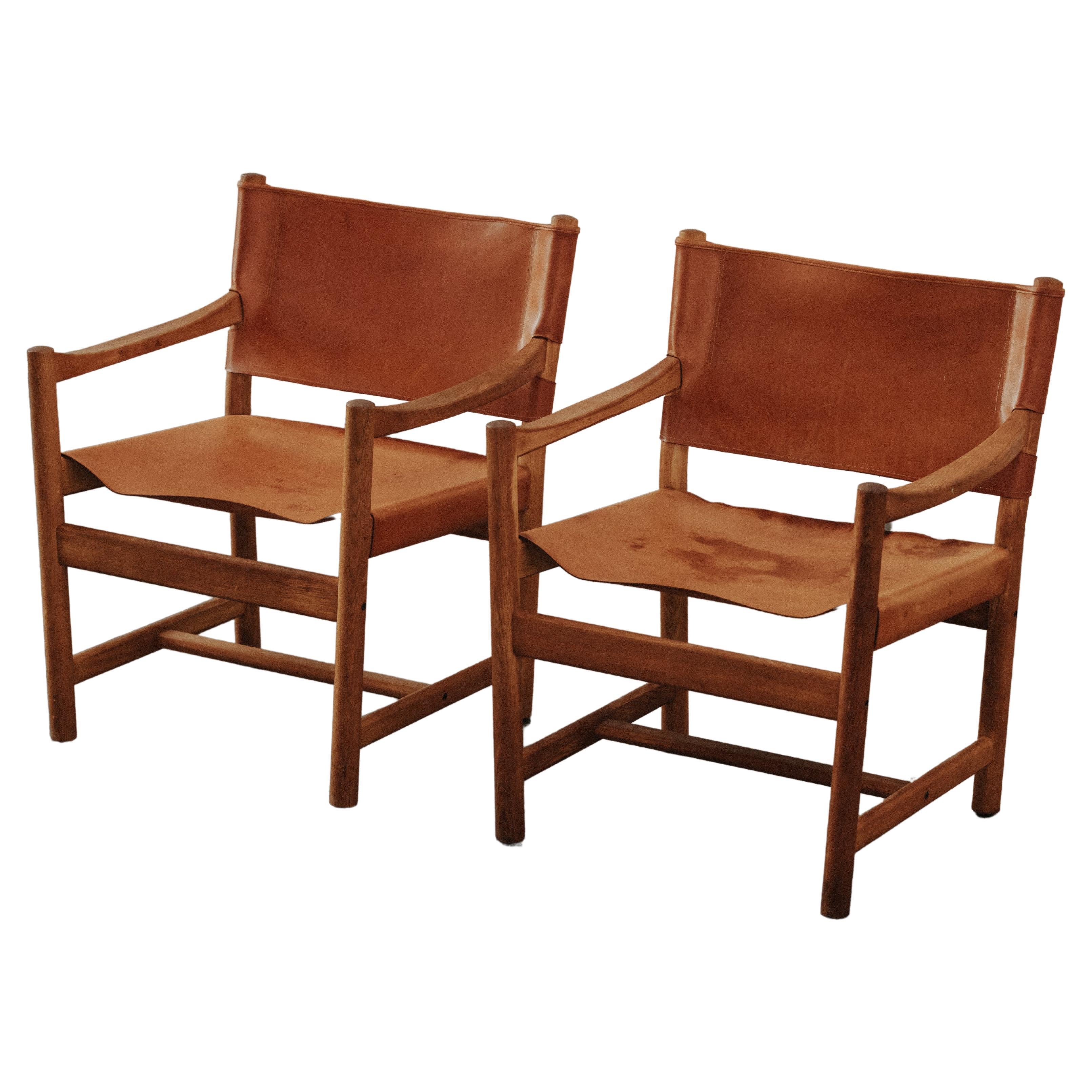 Vintage Pair Of Cognac Leather Lounge Chairs From Denmark, Circa 1970 For Sale