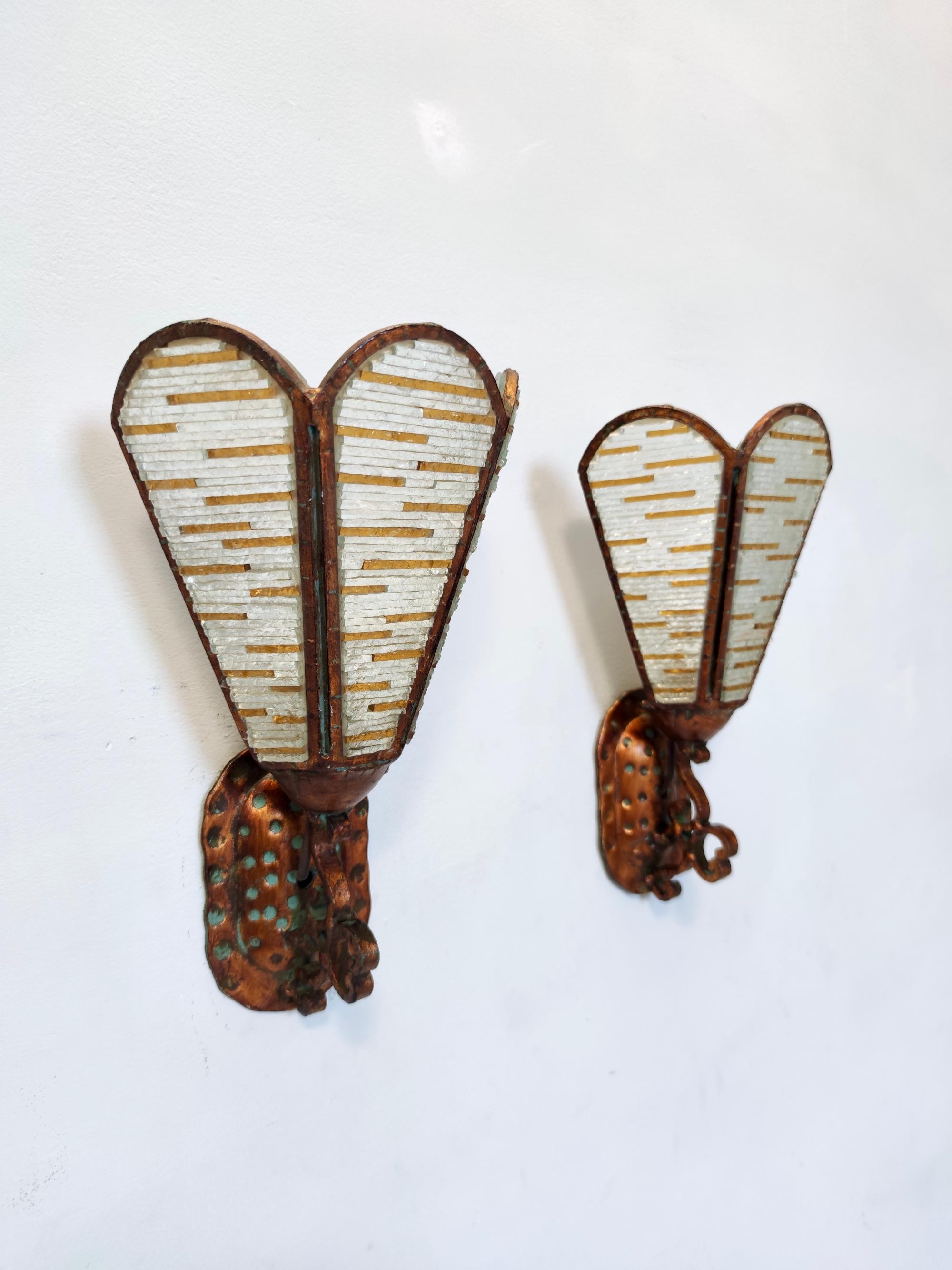 Mid-Century Modern Vintage Pair of Copper and Murano Glass Appliques / Wall Lights, Italy For Sale