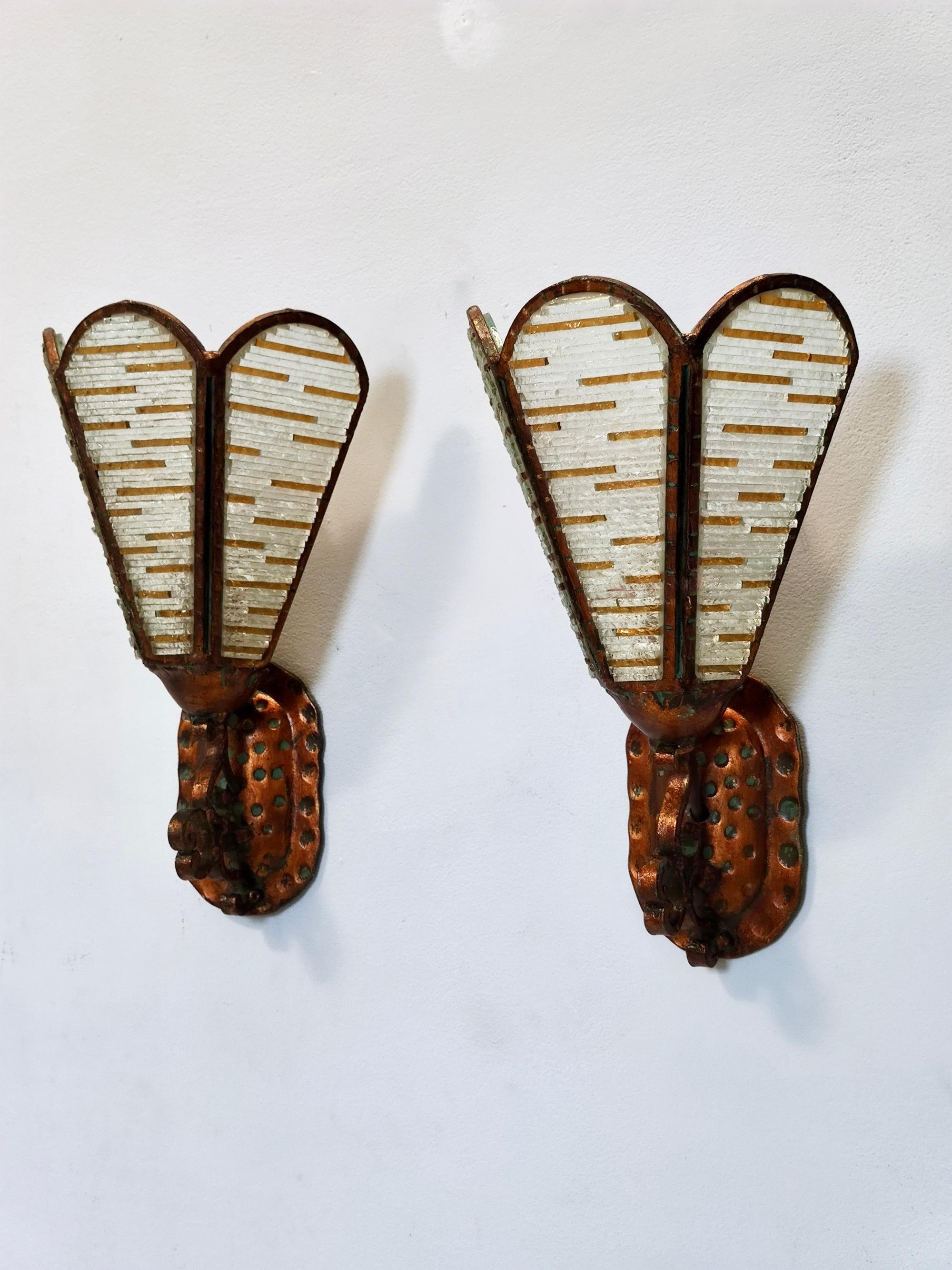 Italian Vintage Pair of Copper and Murano Glass Appliques / Wall Lights, Italy For Sale