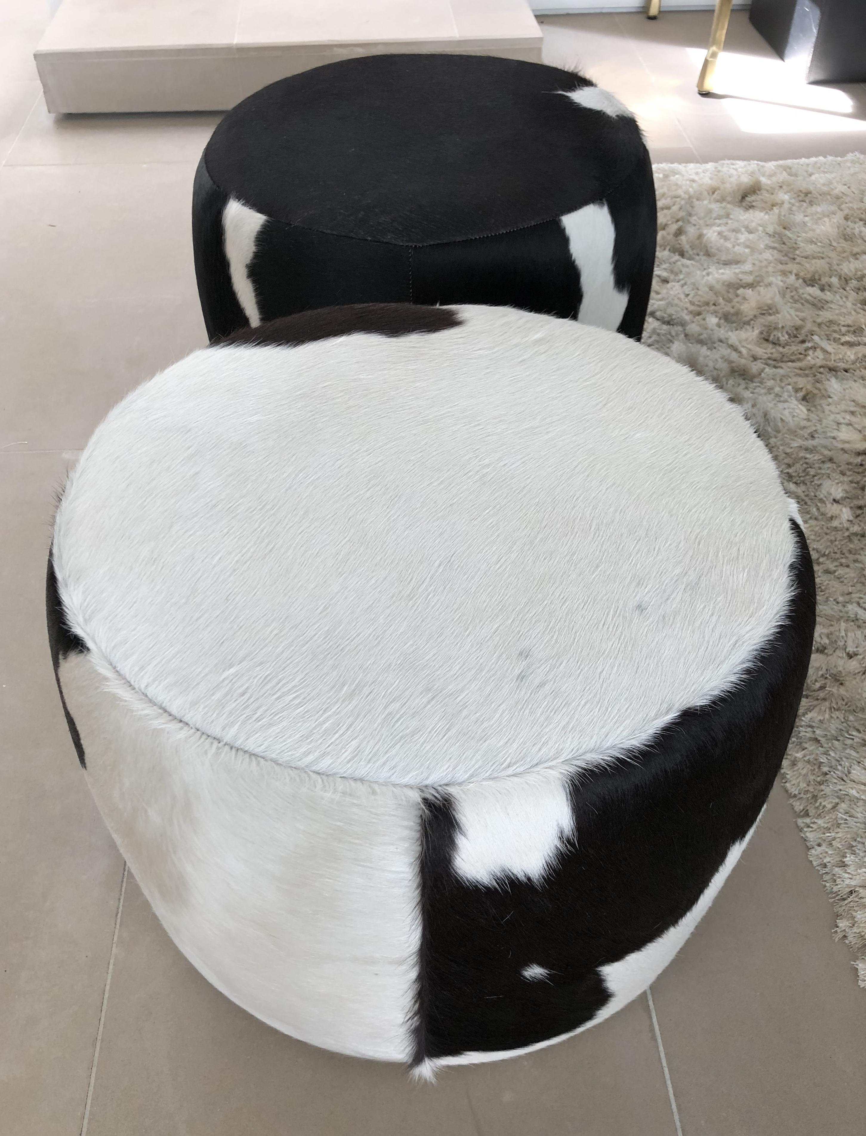 American Vintage Pair of Cowhide Poufs or Ottomans