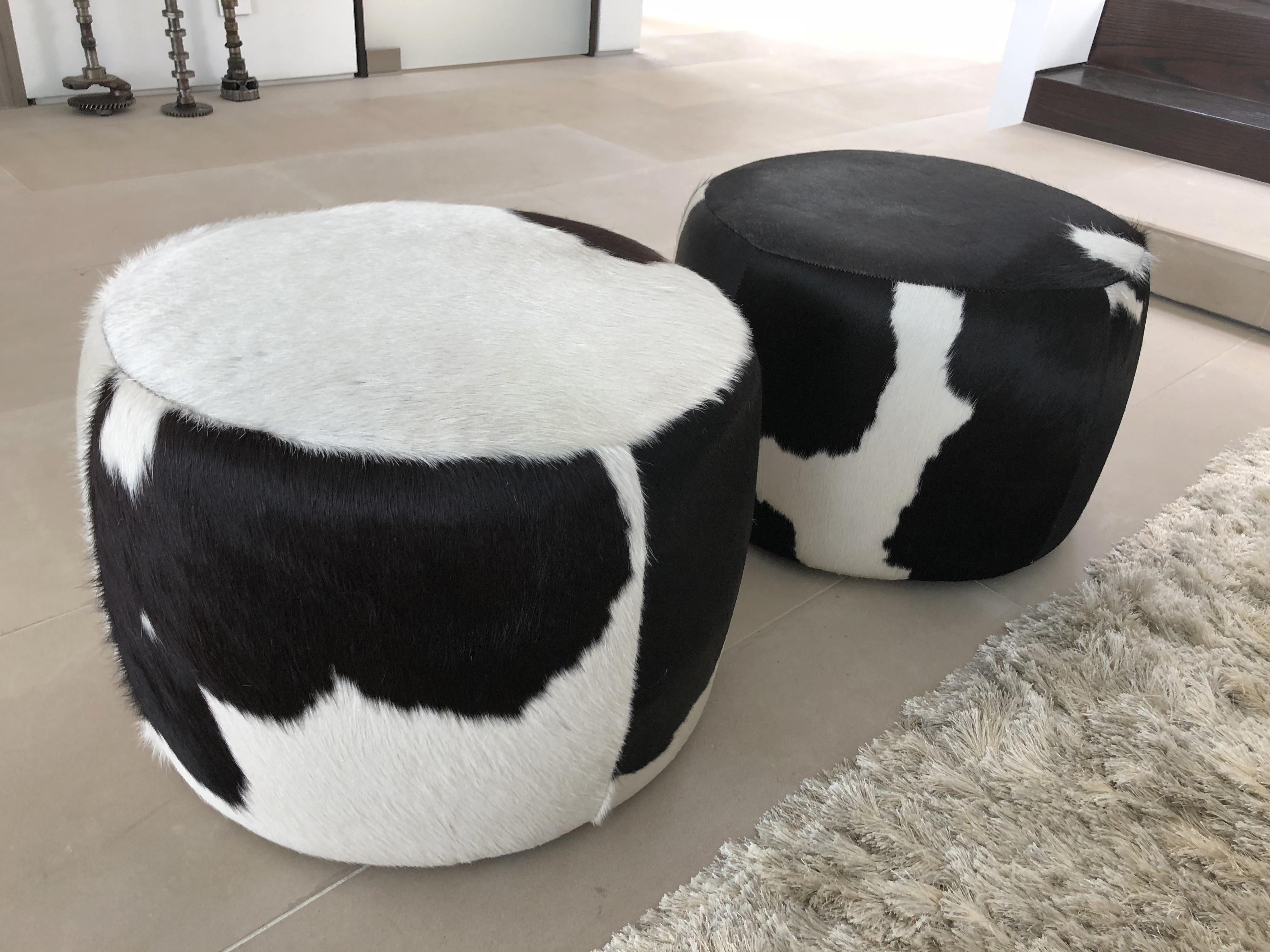 Vintage Pair of Cowhide Poufs or Ottomans In Good Condition In Los Angeles, CA