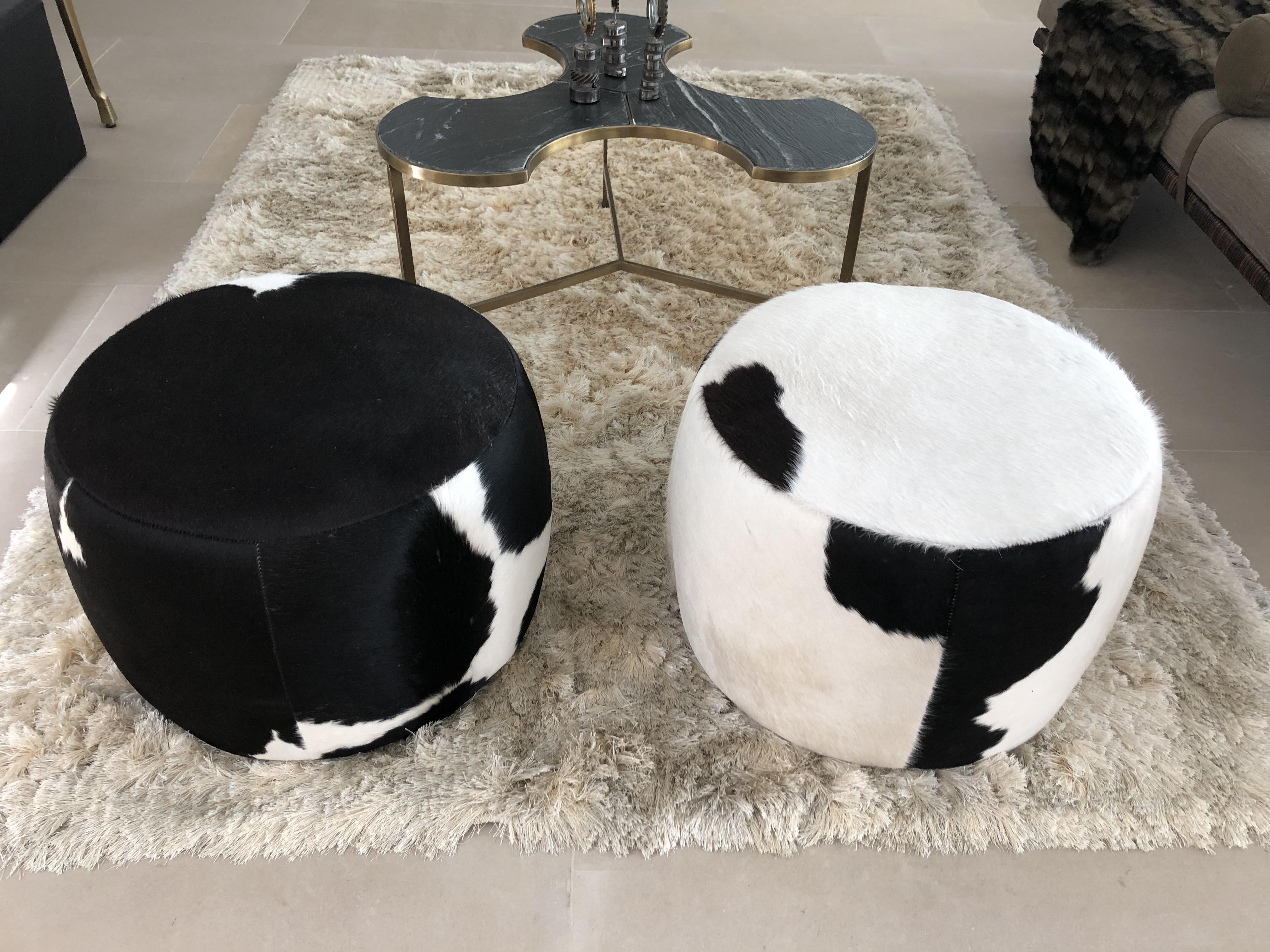Late 20th Century Vintage Pair of Cowhide Poufs or Ottomans
