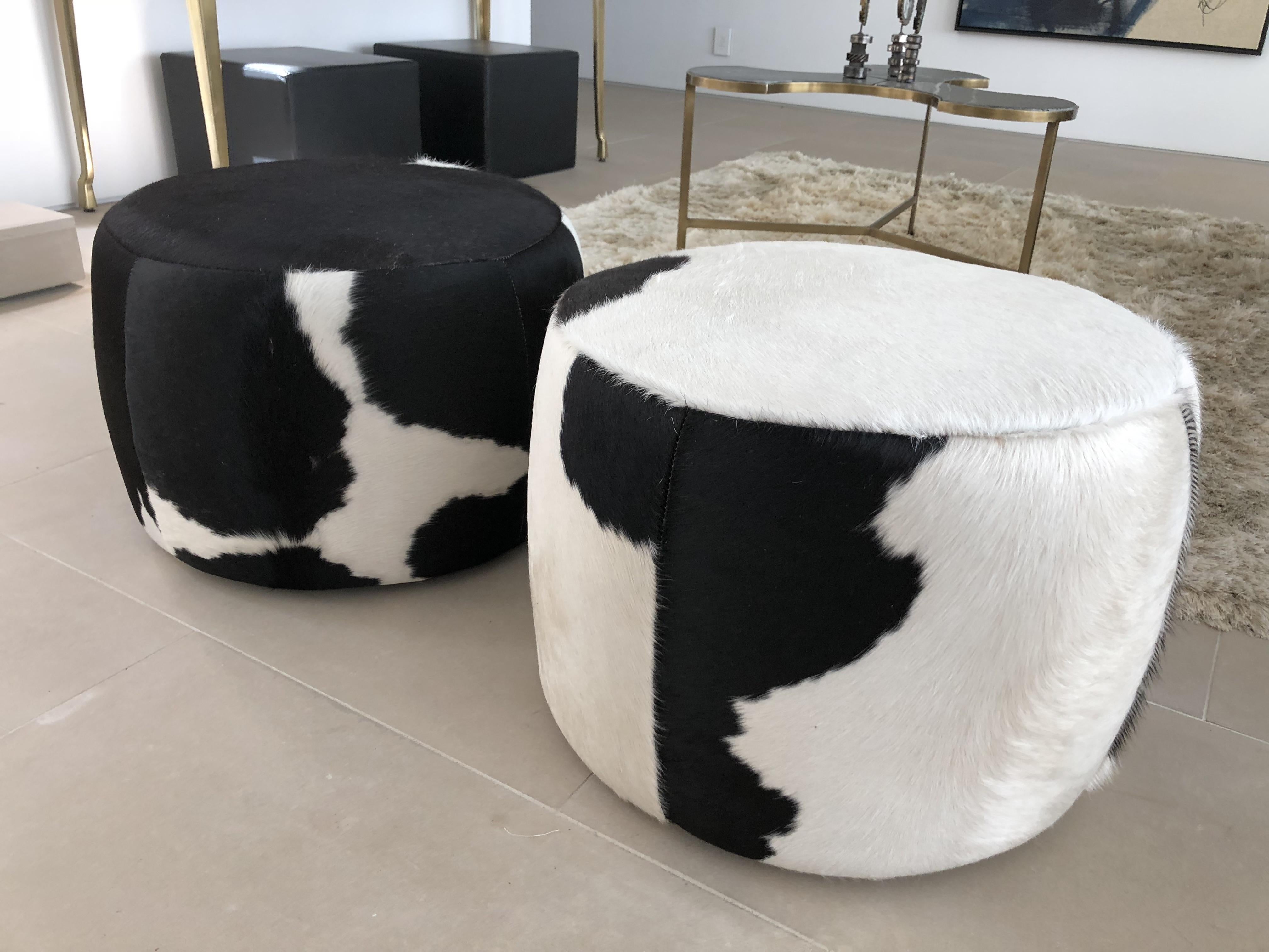 Vintage Pair of Cowhide Poufs or Ottomans 1