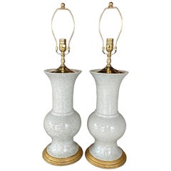 Vintage Pair of Crackle Glaze Ceramic Table Lamps Brass Palm Beach Breakers