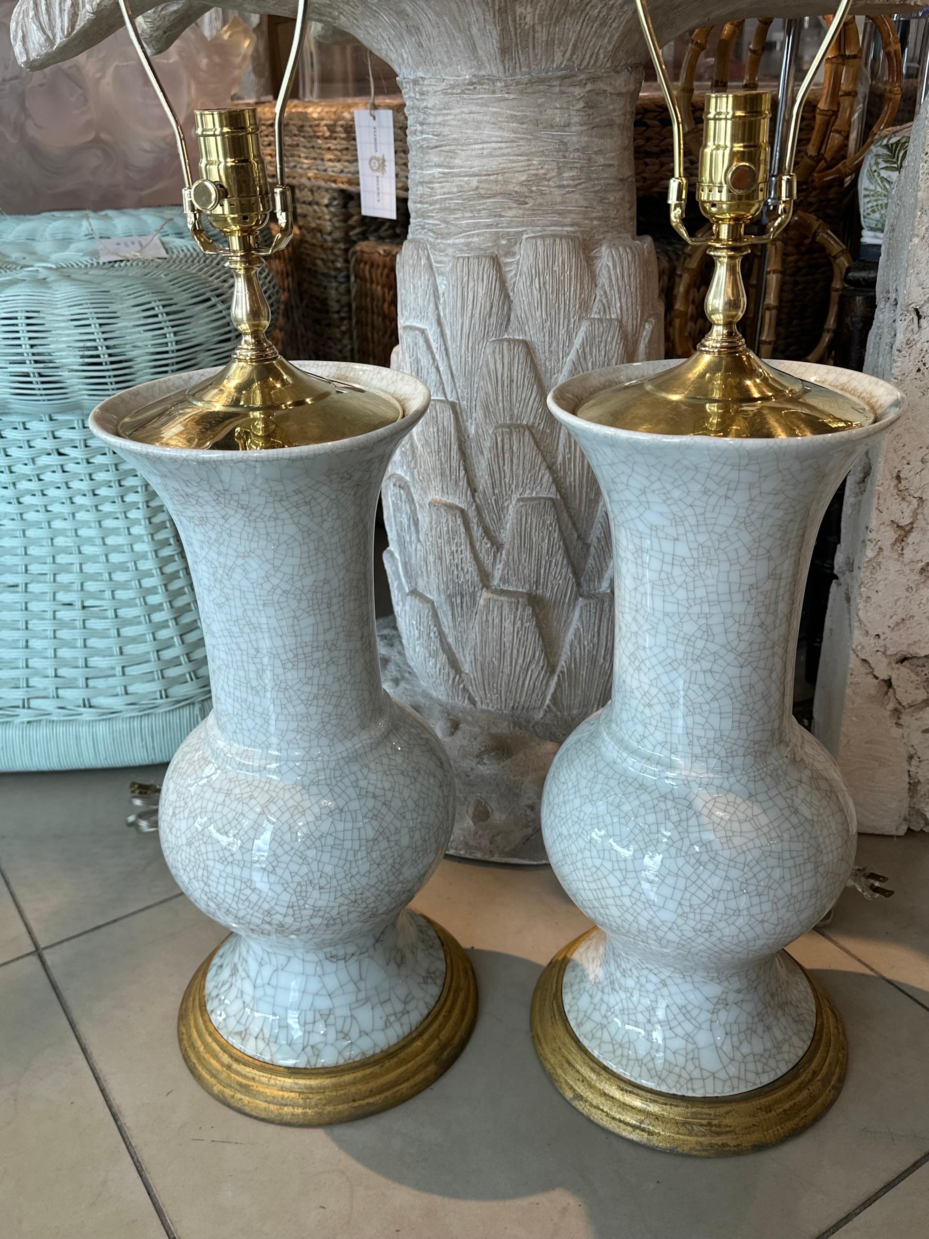 Hollywood Regency Vintage Pair of Crackle Glaze Ceramic Table Lamps Brass Palm Beach Newly Wired
